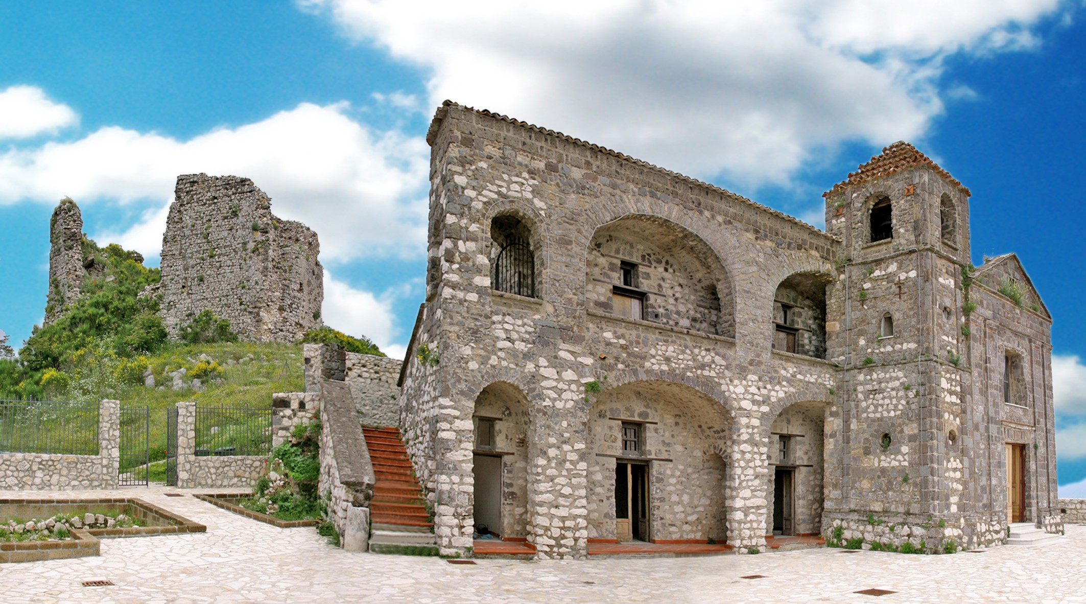 Stone church and castle ruins in Italy HD Wallpaper