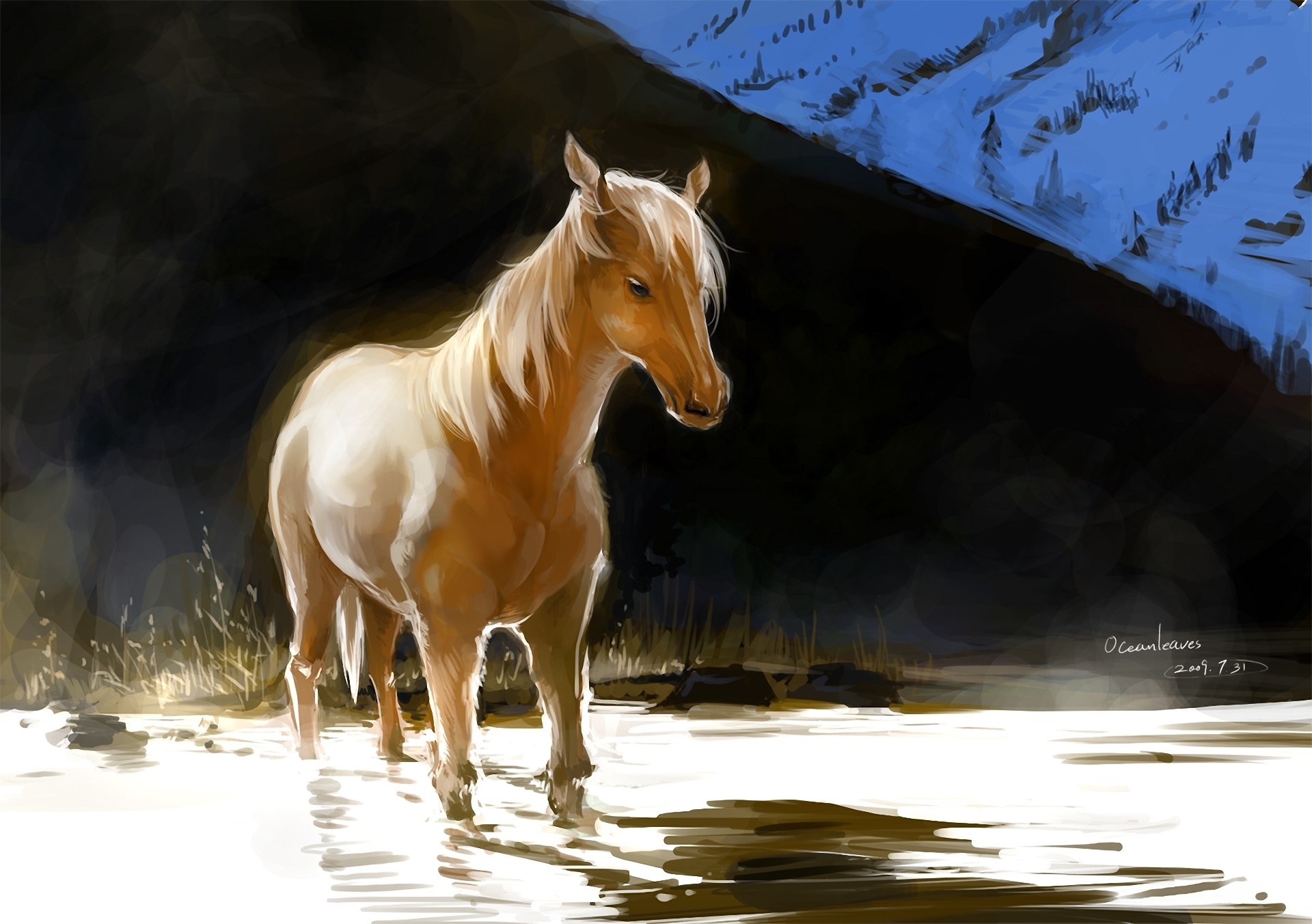 A horse stands in shallow water near a mountain HD Wallpaper
