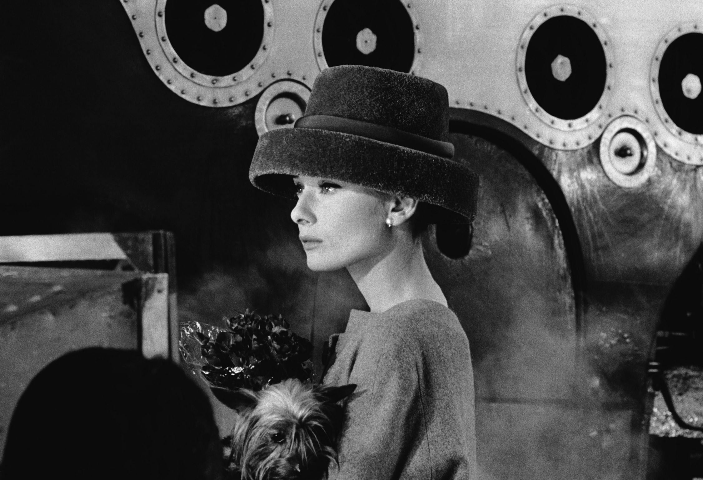 Audrey Hepburn with a dog and flowers HD Wallpaper