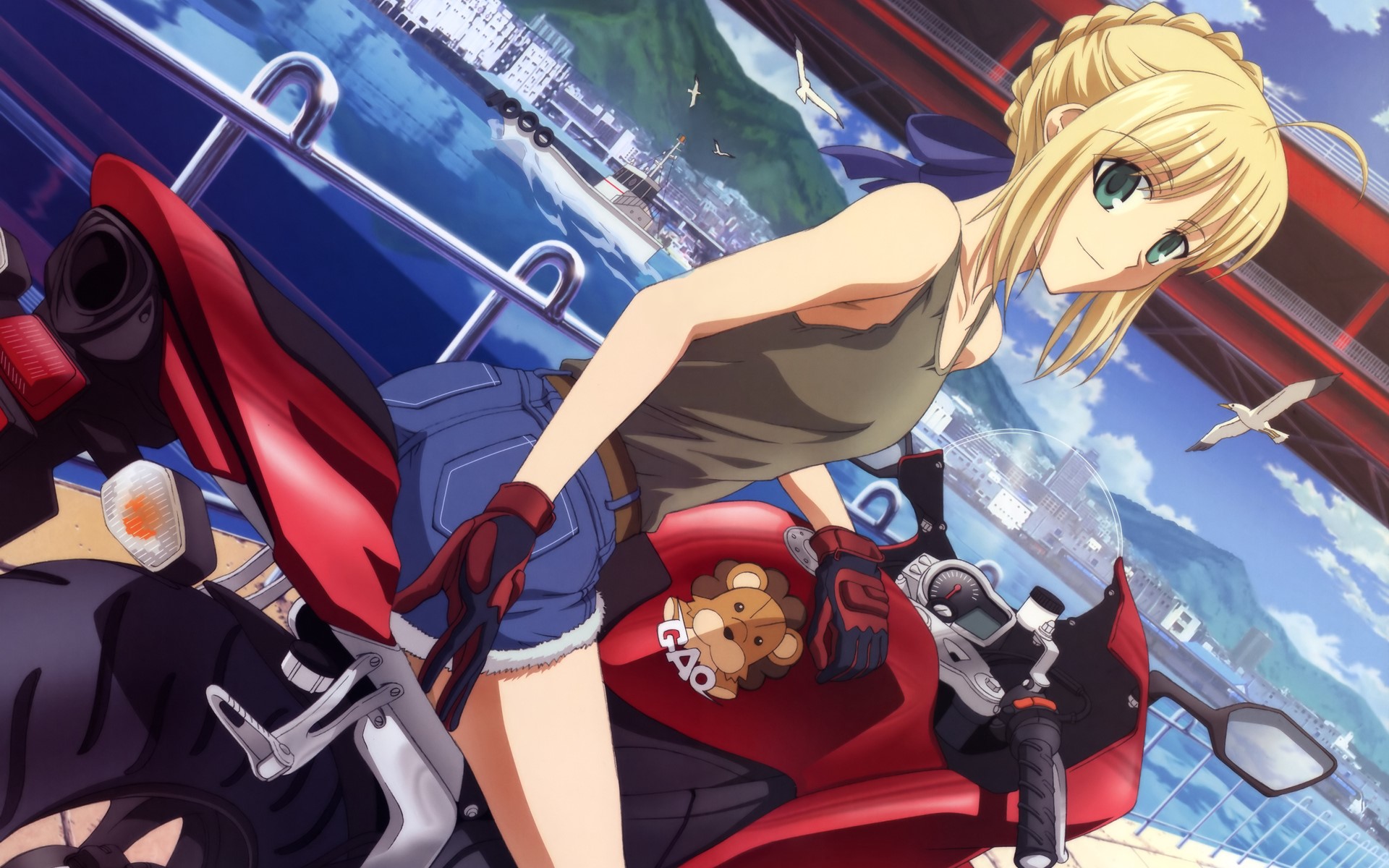 Saber from Fate: Stay Night on a motorcycle HD Wallpaper