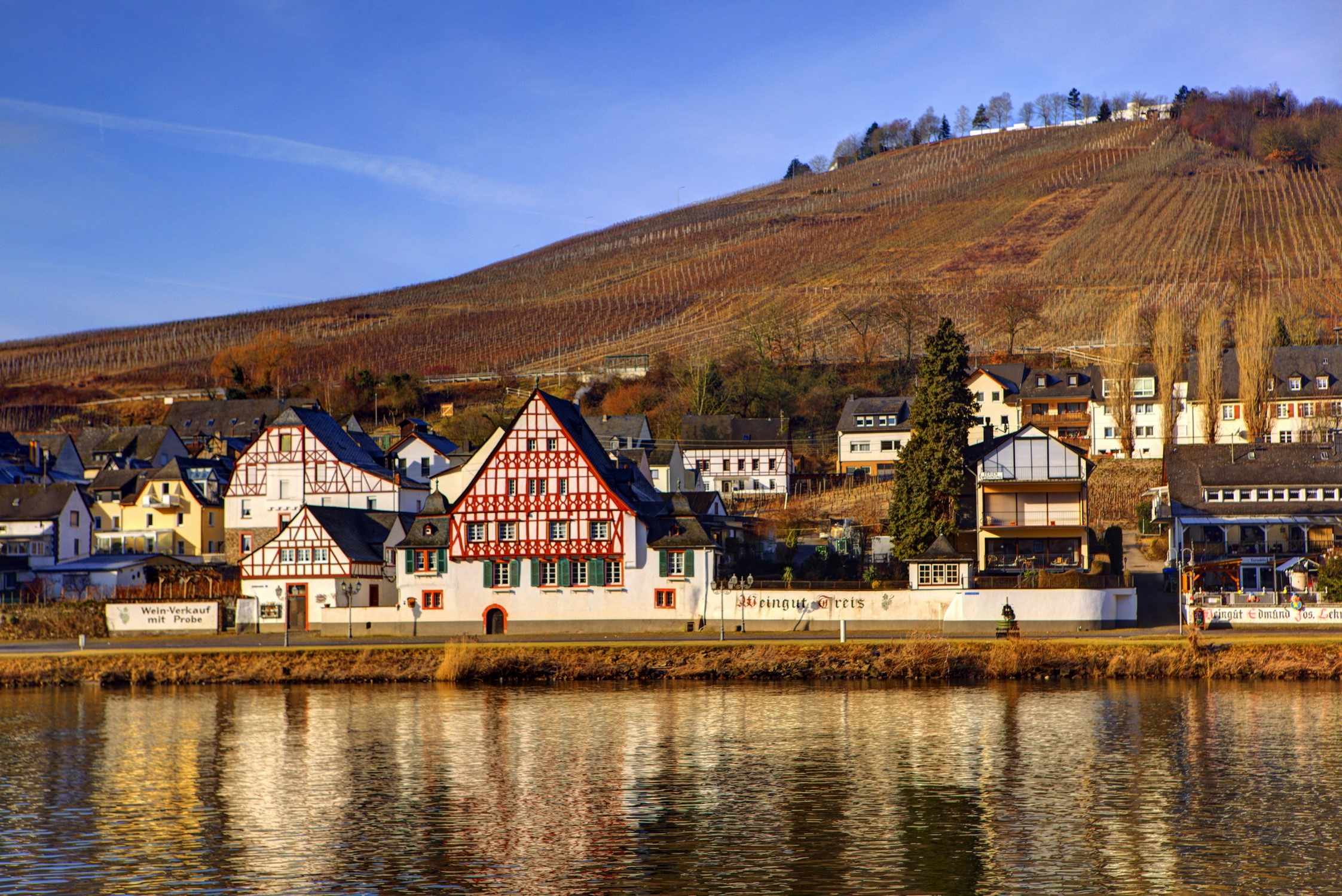 Half-timbered houses on a riverbank with vineyards on a hill in Germany HD Wallpaper