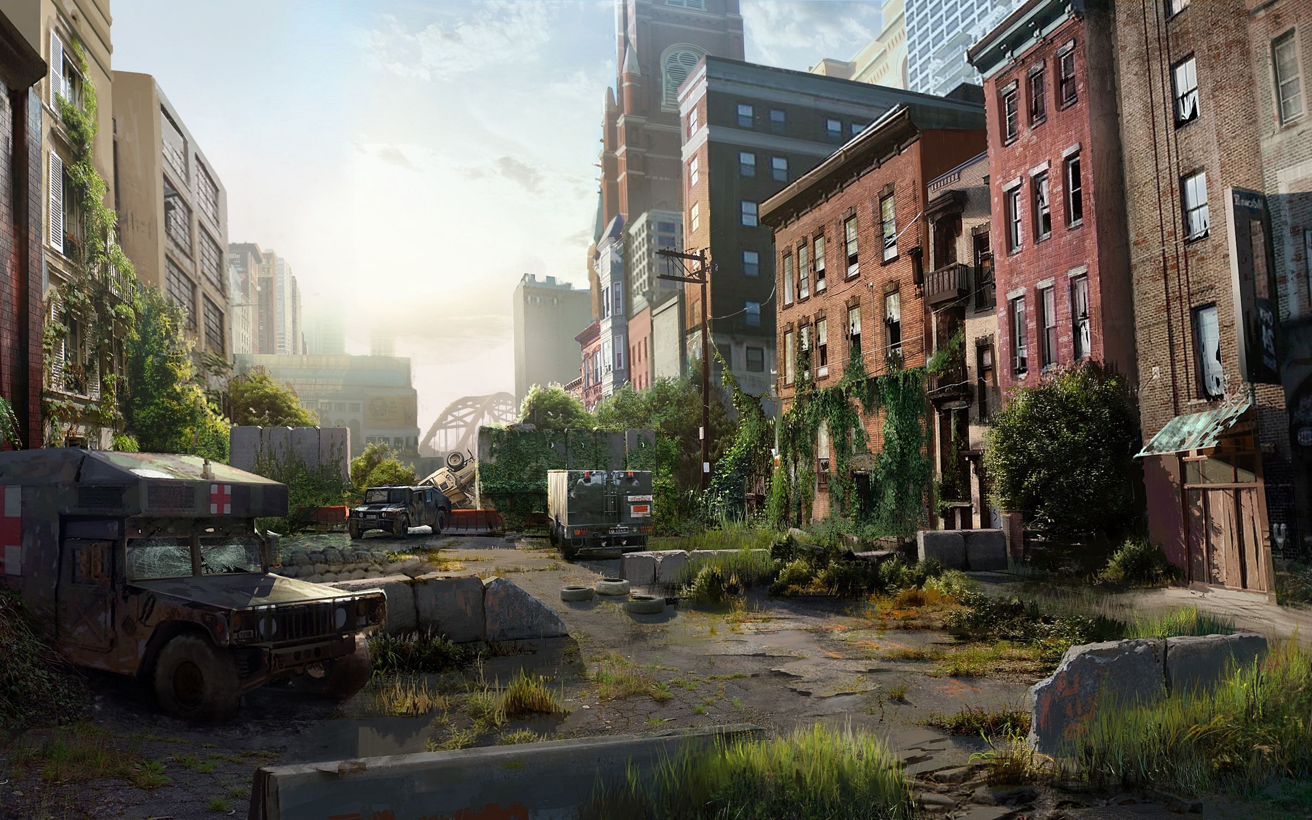 The Last of Us post-apocalyptic city street with vehicles HD Wallpaper