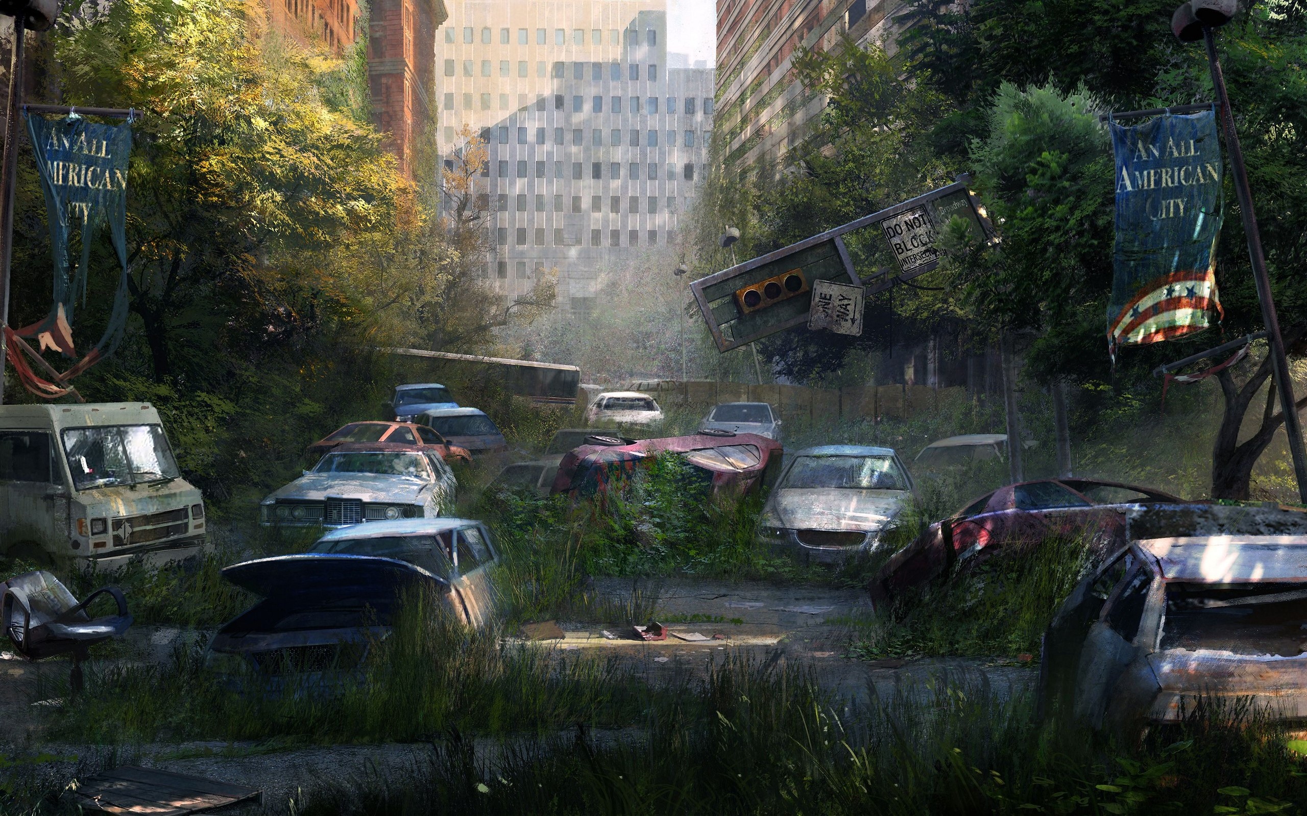 The Last of Us post-apocalyptic city street with abandoned cars HD Wallpaper