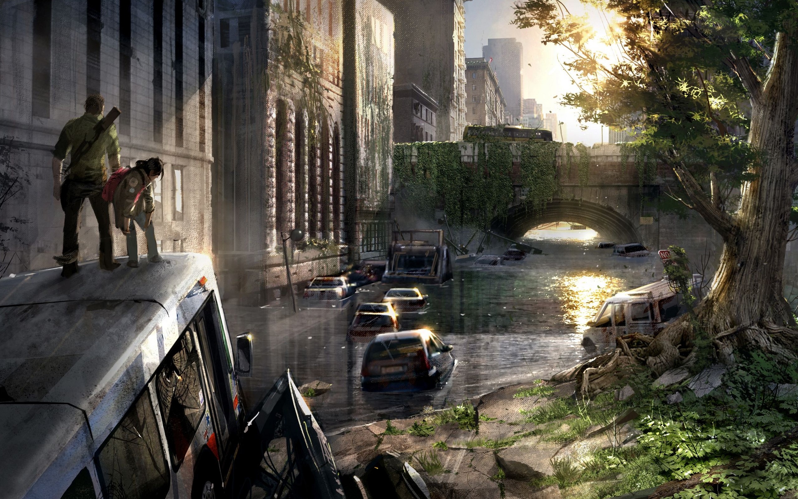 Joel and Ellie from The Last of Us in a flooded city HD Wallpaper