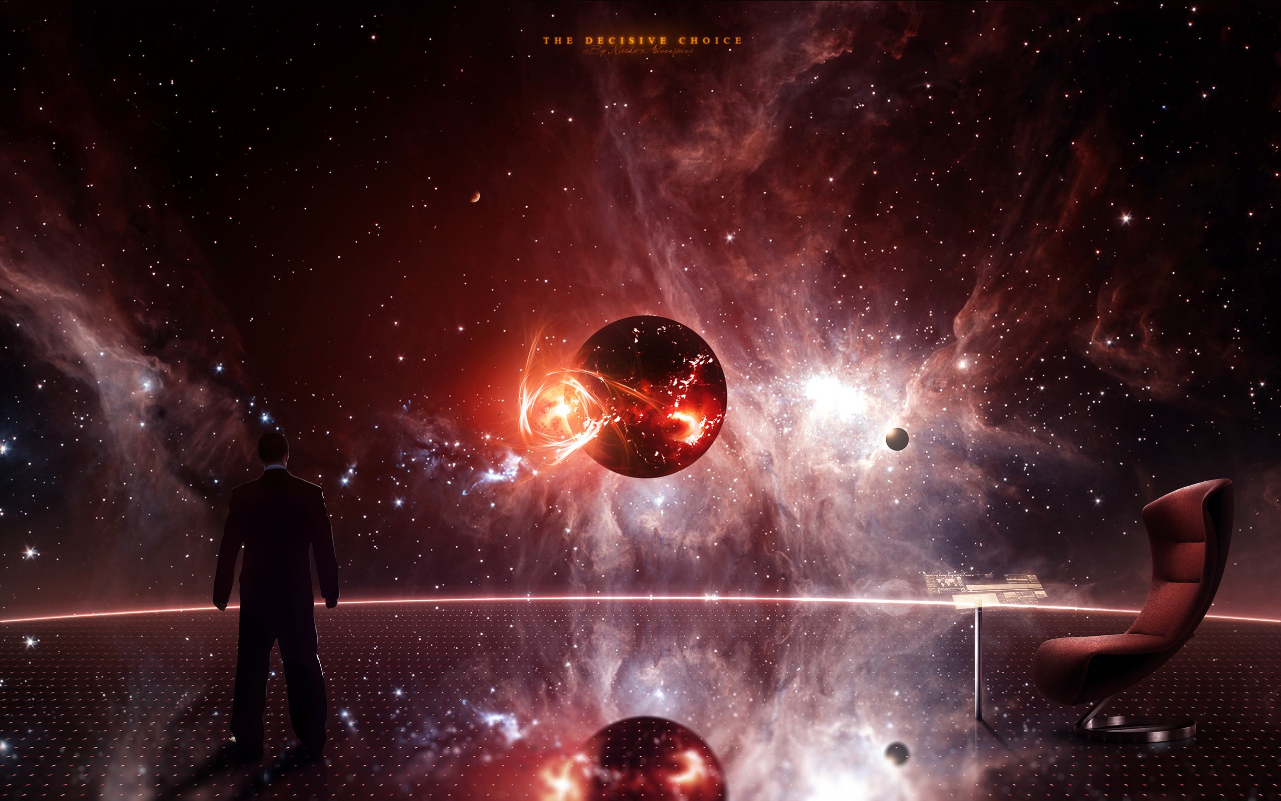 Man in suit looking at a planet in space HD Wallpaper