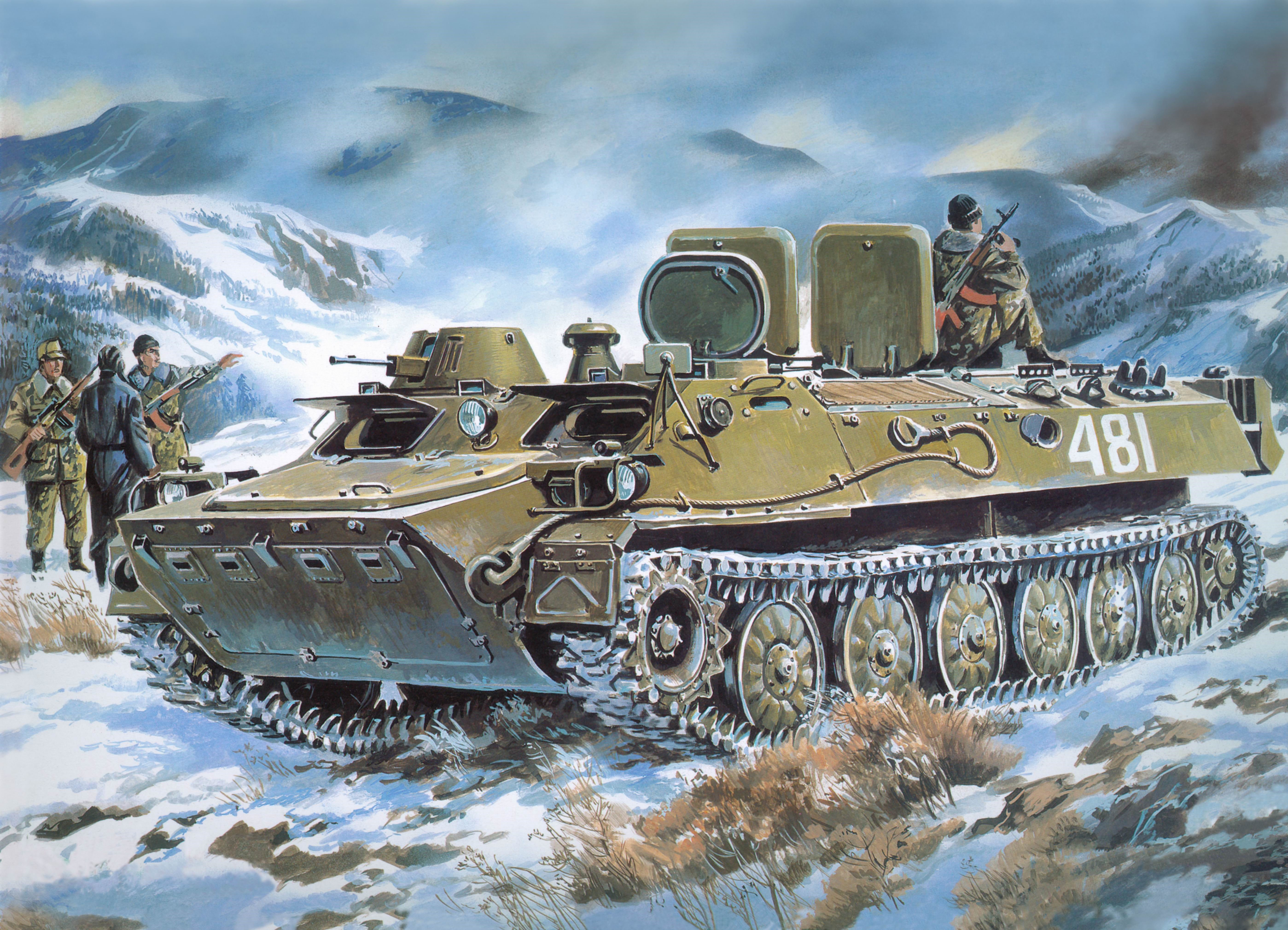 MT-LB armored vehicle in snowy mountains with soldiers HD Wallpaper