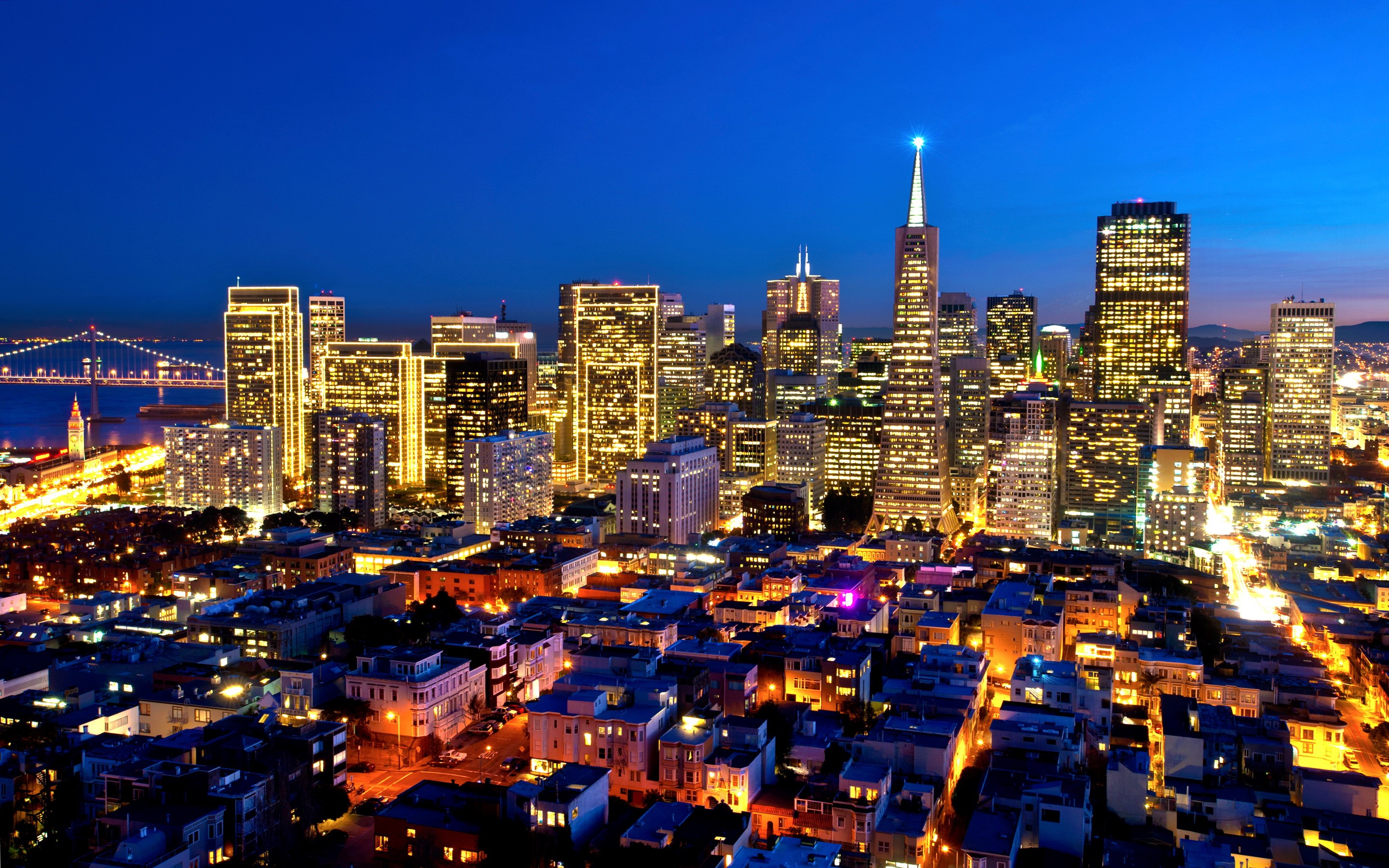 San Francisco Skyline at Night with Bay Bridge HD Wallpaper