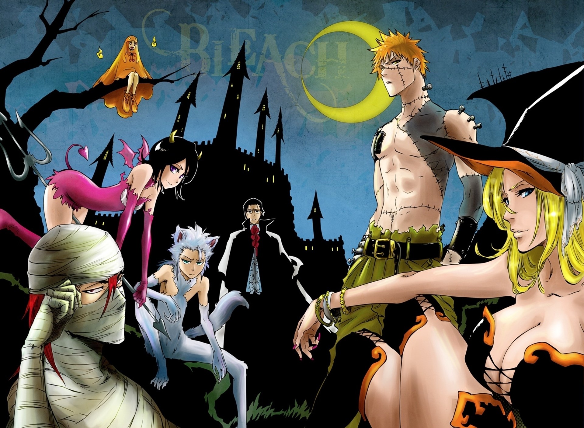 Bleach Halloween characters with castle and moon HD Wallpaper