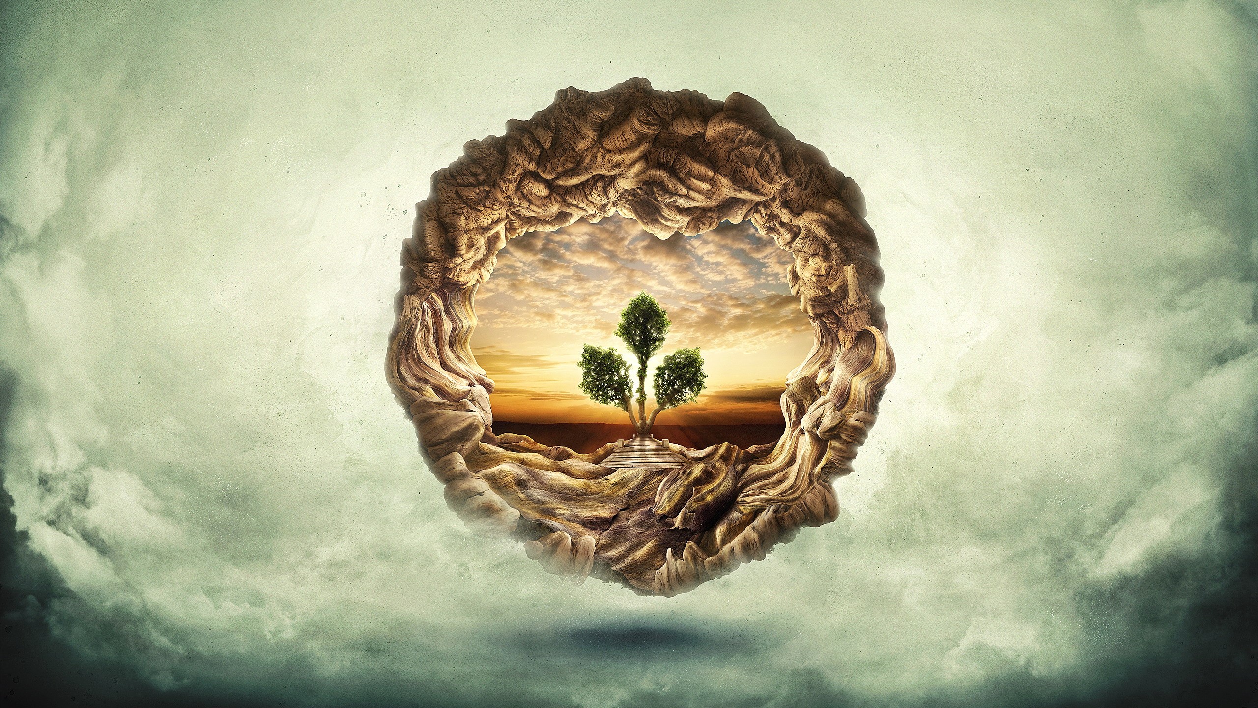 Creative World Tree in a Stone Ring HD Wallpaper