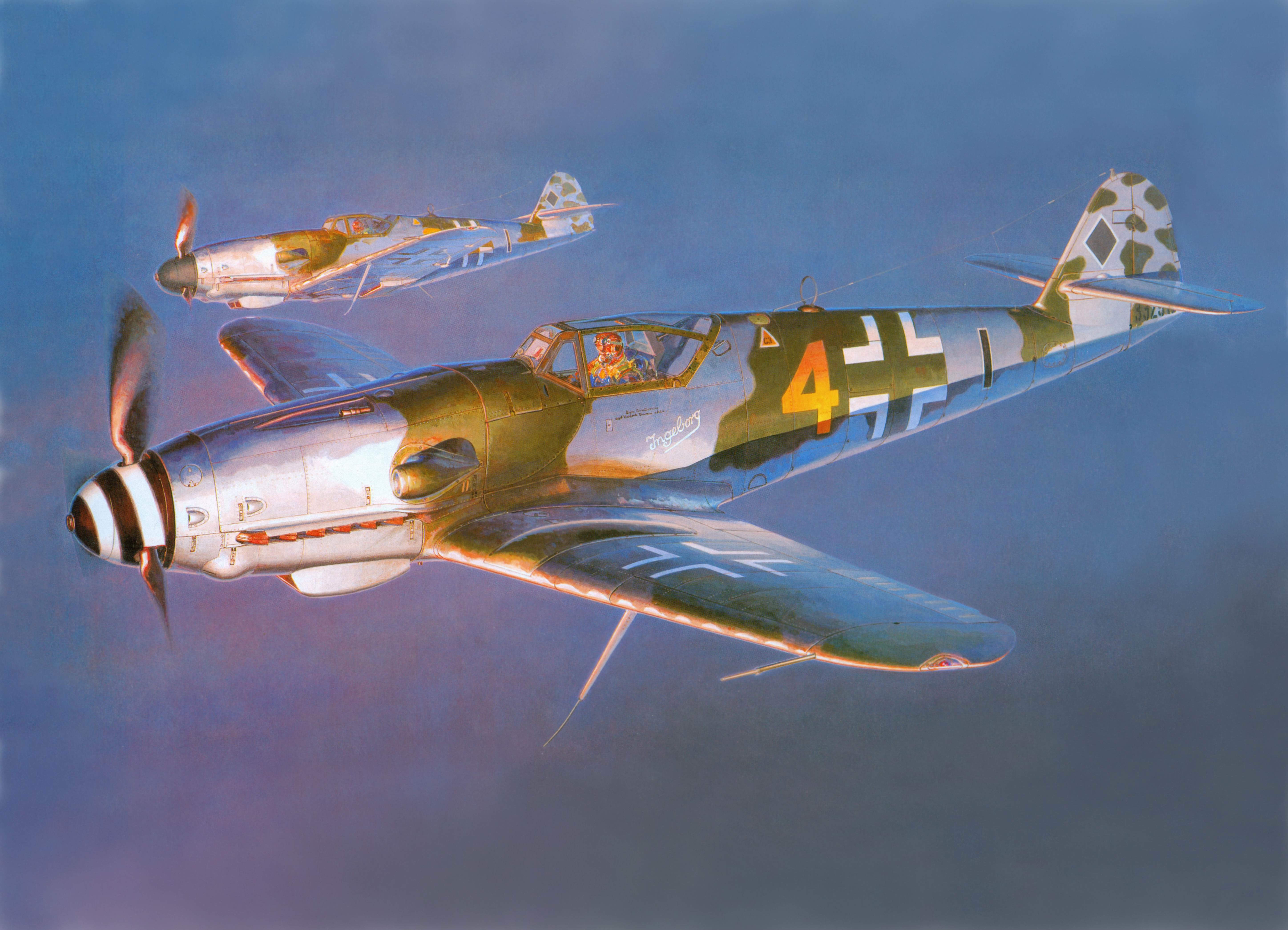 Two Messerschmitt Bf 109K airplanes in flight HD Wallpaper