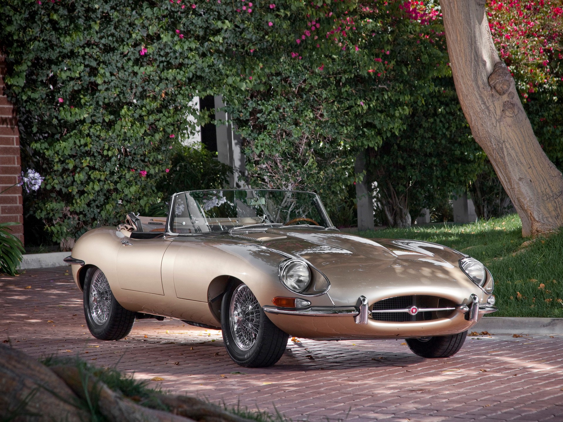 Gold Jaguar E-Type Convertible HD Wallpaper