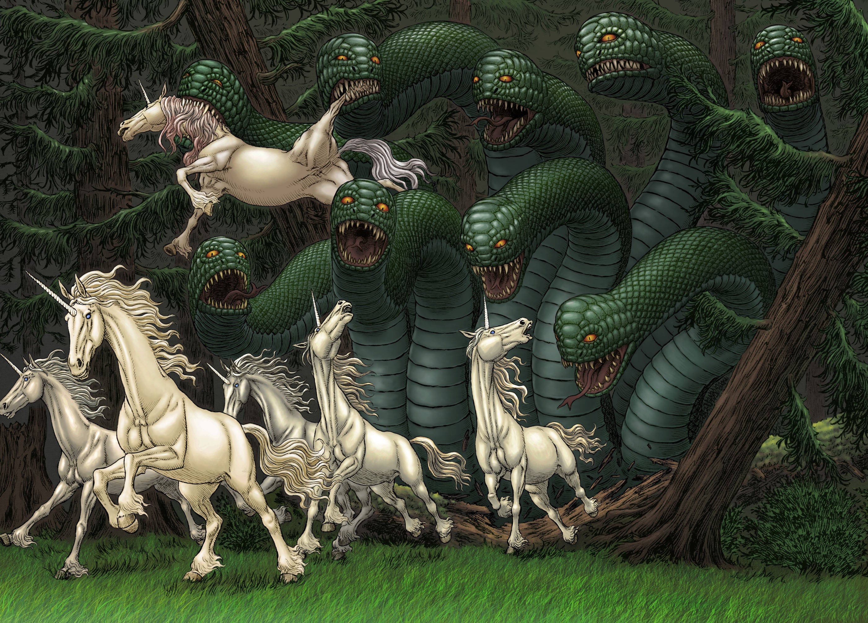 Unicorns fleeing from a hydra in a forest HD Wallpaper