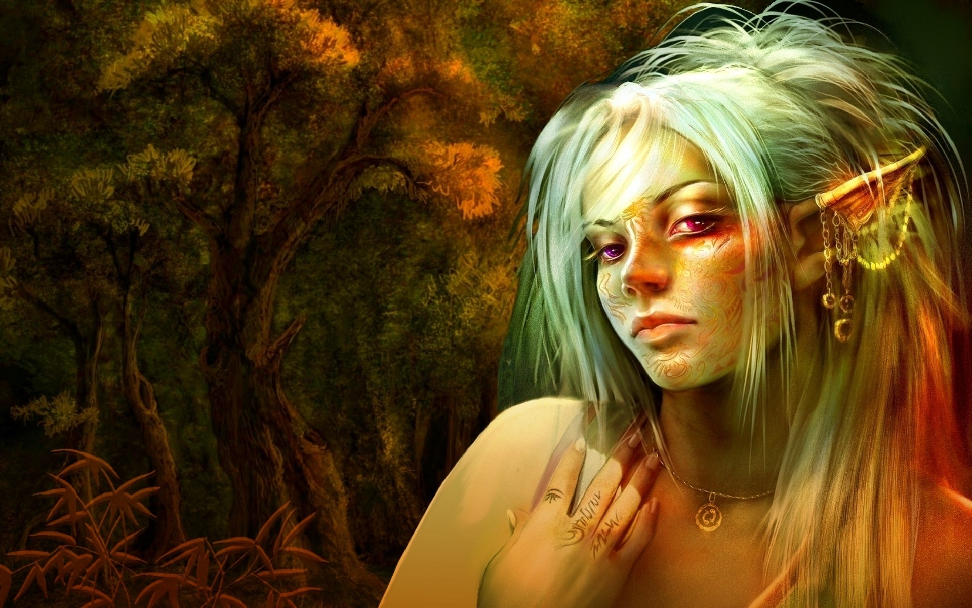 Elf woman with purple eyes in a forest HD Wallpaper