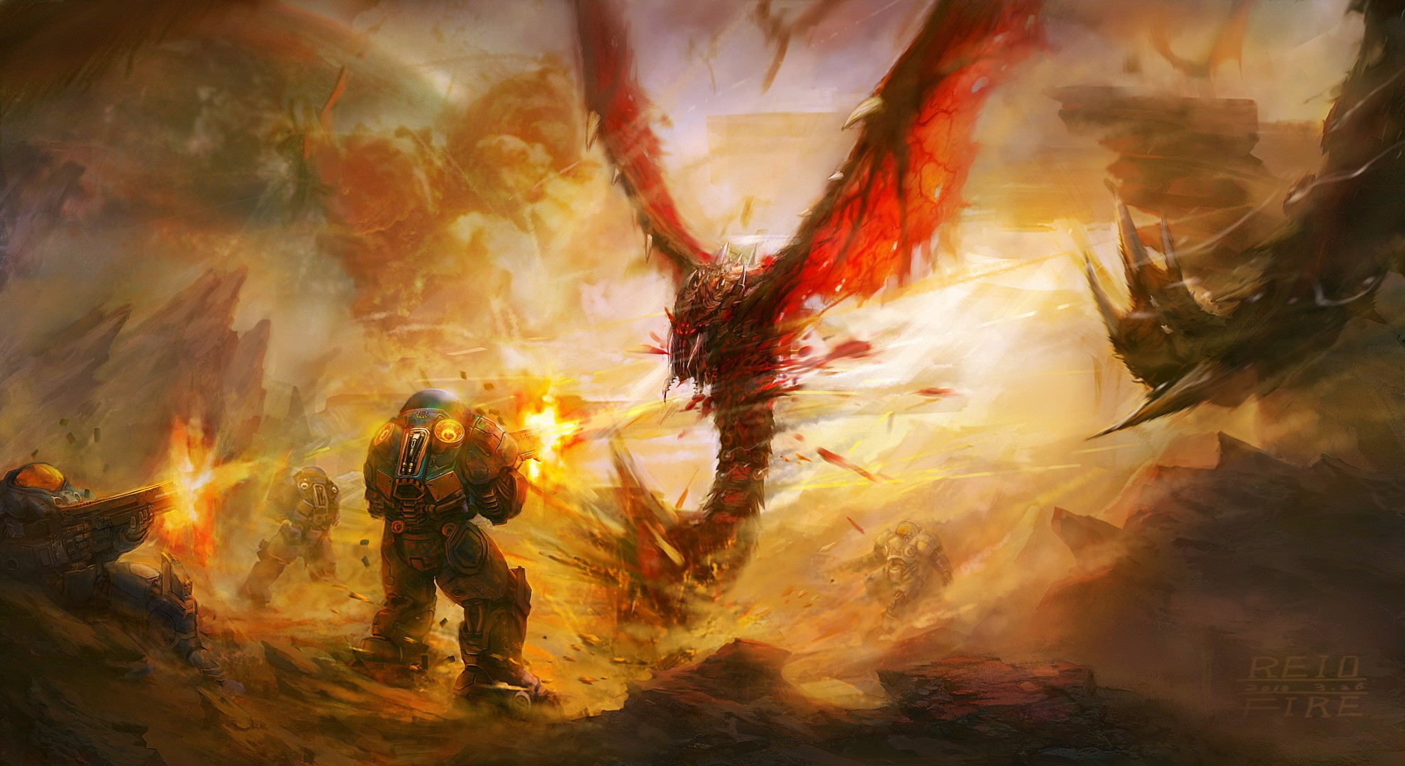 StarCraft 2 battle against a monstrous creature HD Wallpaper