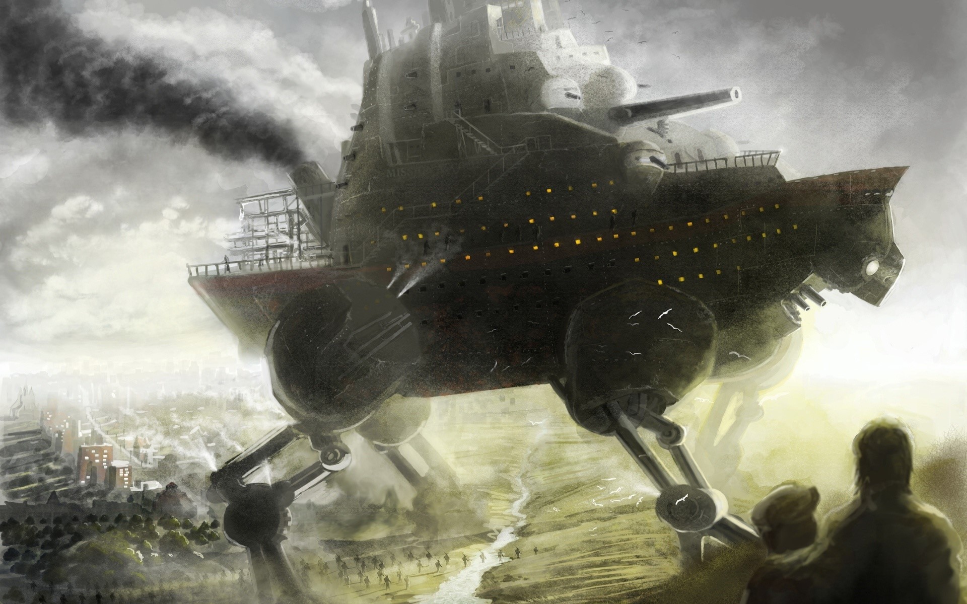 Steampunk walking war machine over a city HD Wallpaper