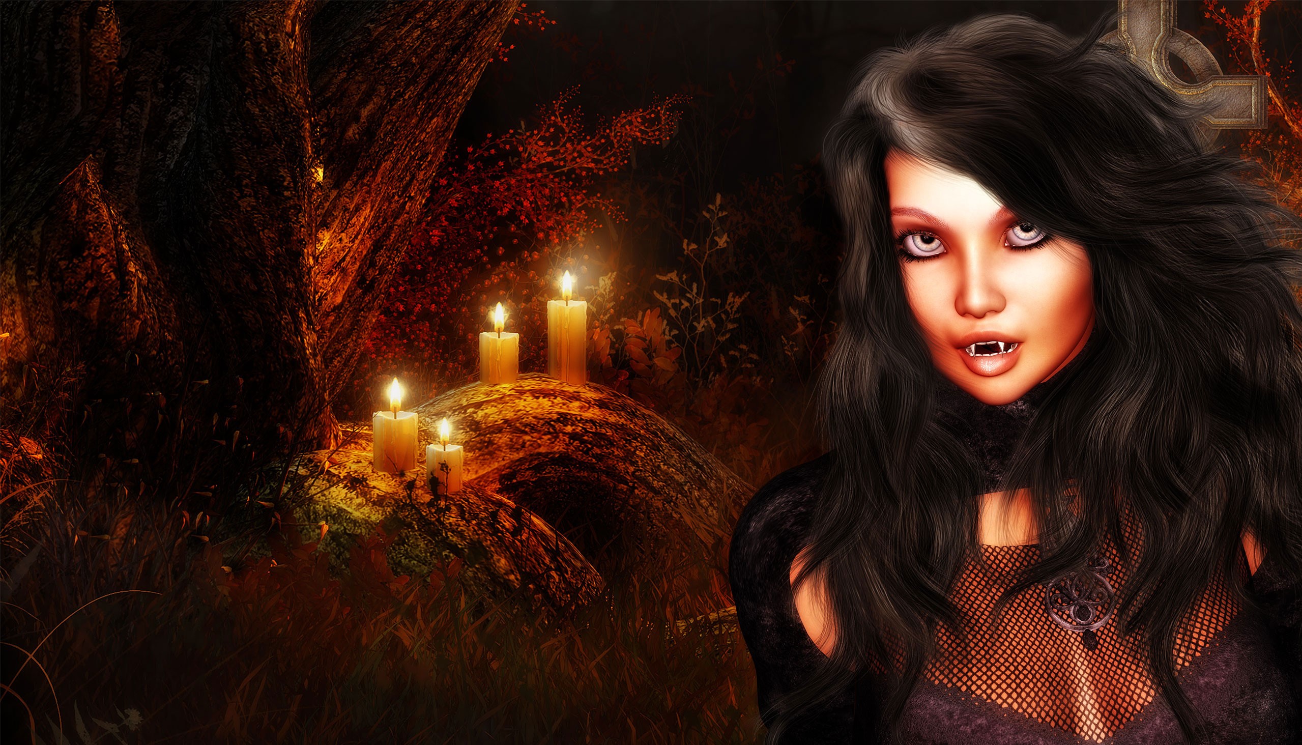 Vampire woman with fangs in a dark forest with candles HD Wallpaper
