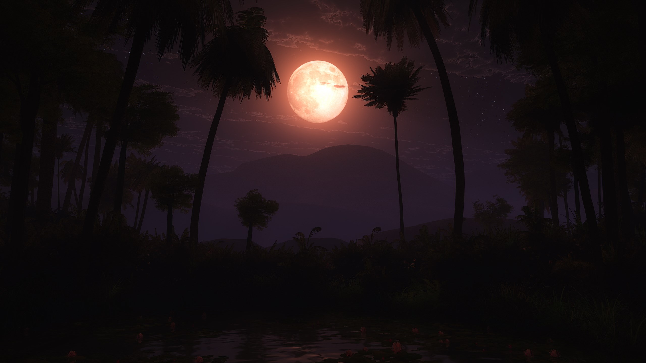 Full moon over a tropical forest and lake HD Wallpaper