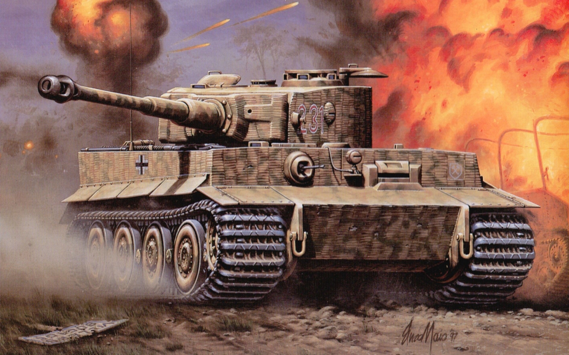 Tiger I tank in combat with explosions HD Wallpaper