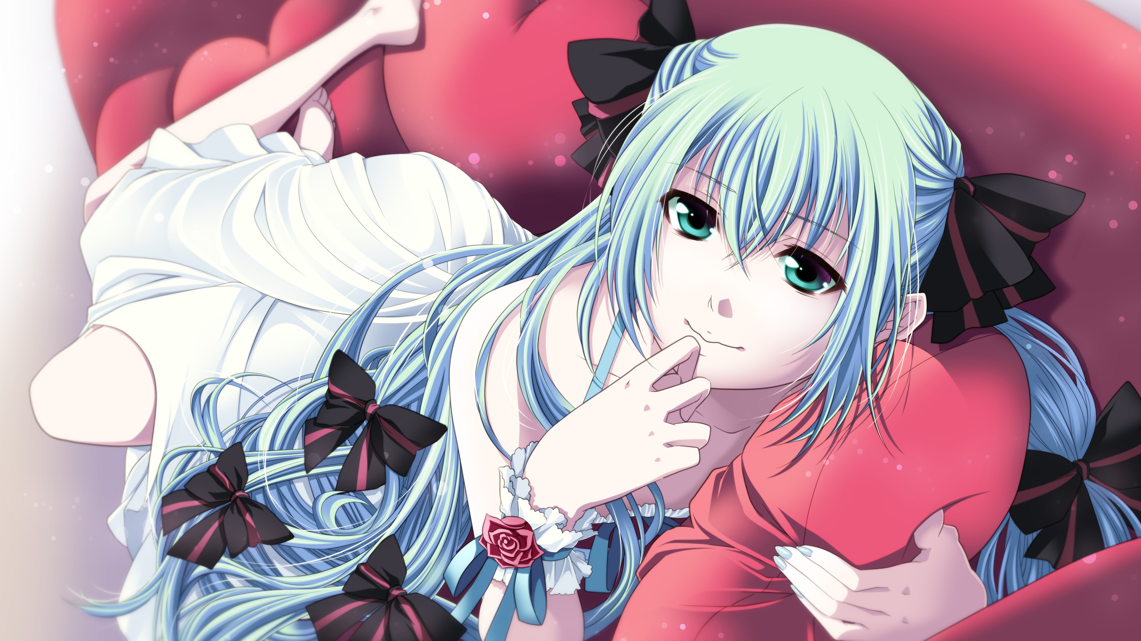 4K Anime Girl with Blue Hair and Black Bows HD Wallpaper