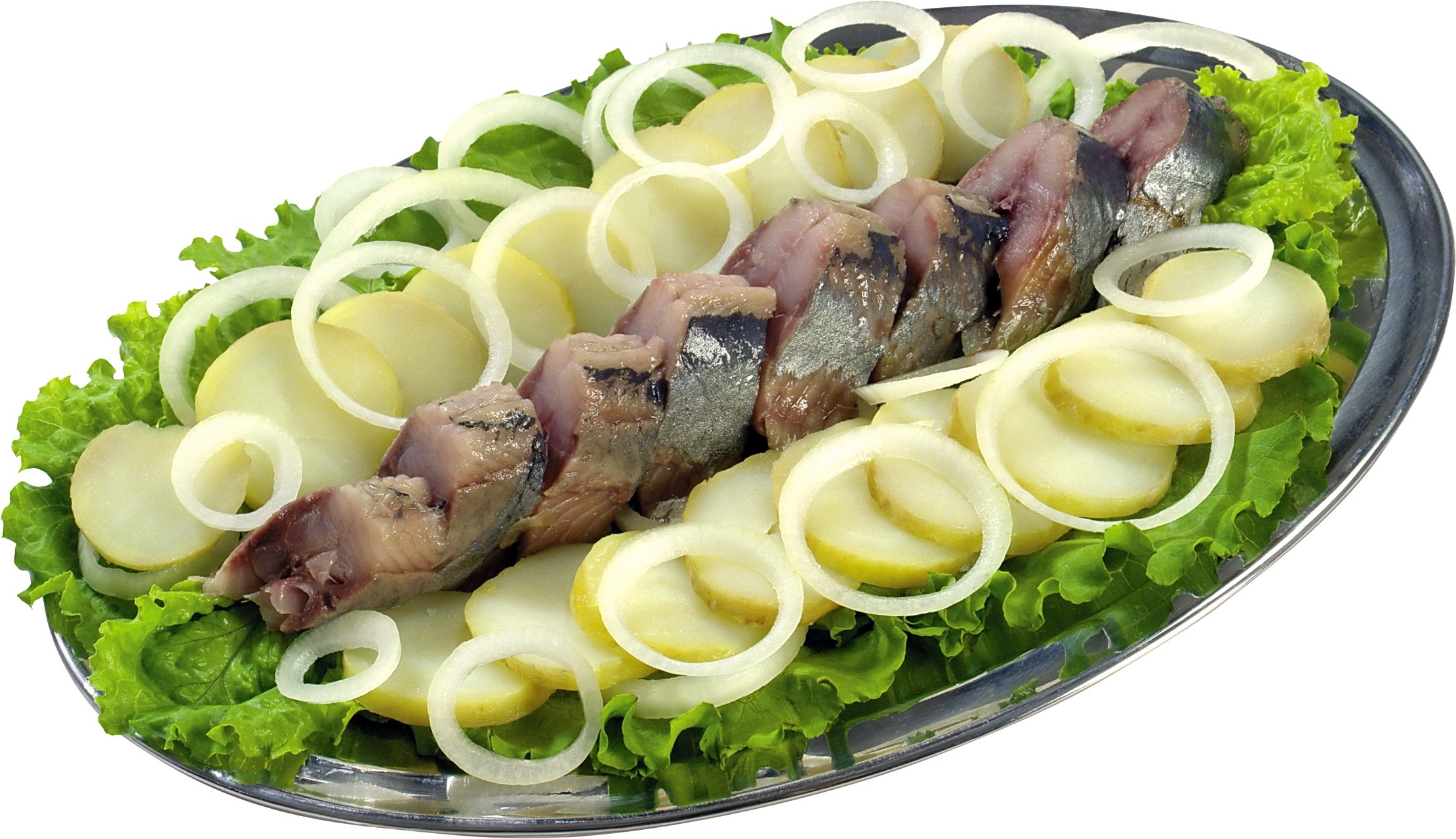 Herring and potato salad on a platter HD Wallpaper