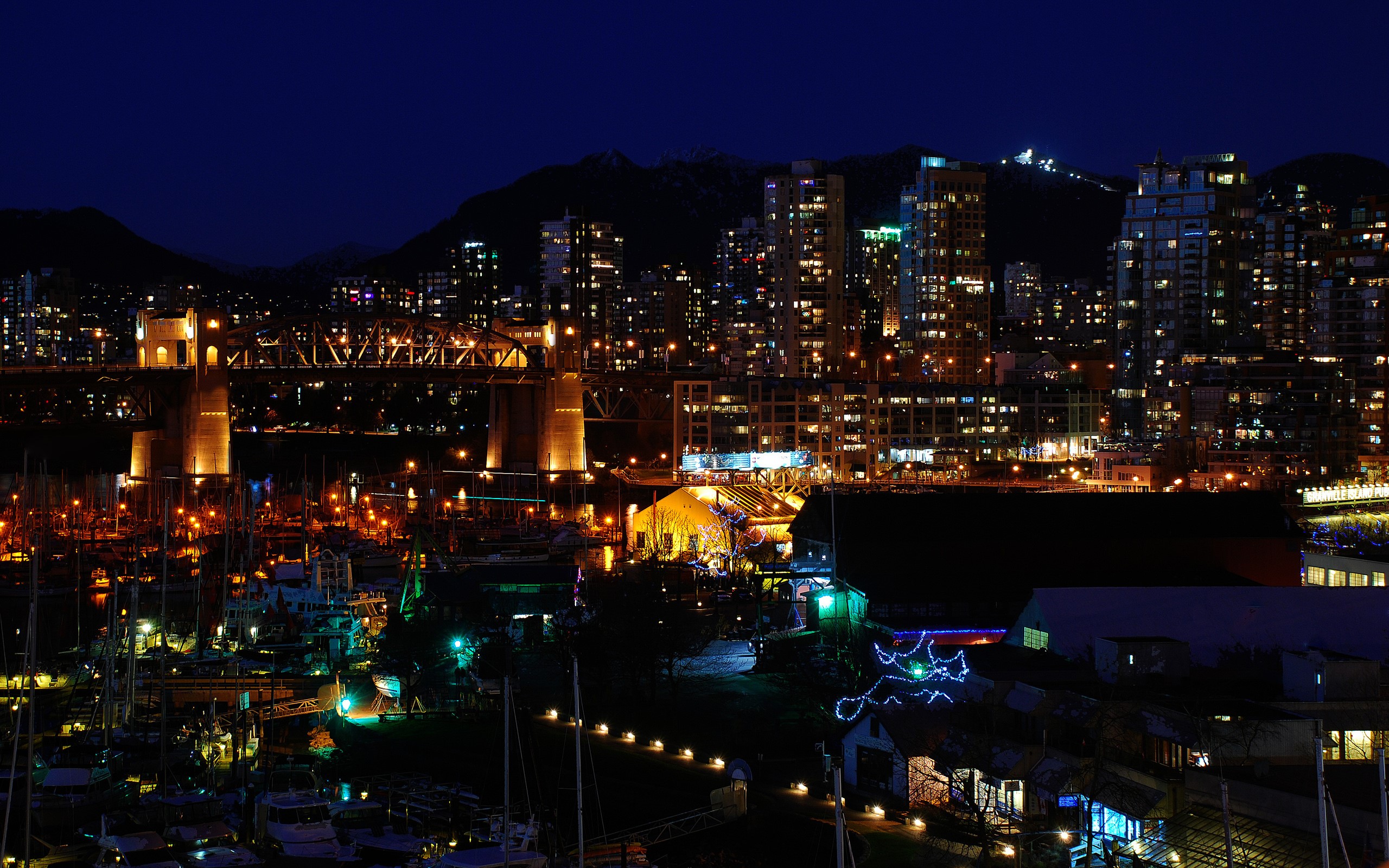Vancouver cityscape with bridge and harbor at night HD Wallpaper