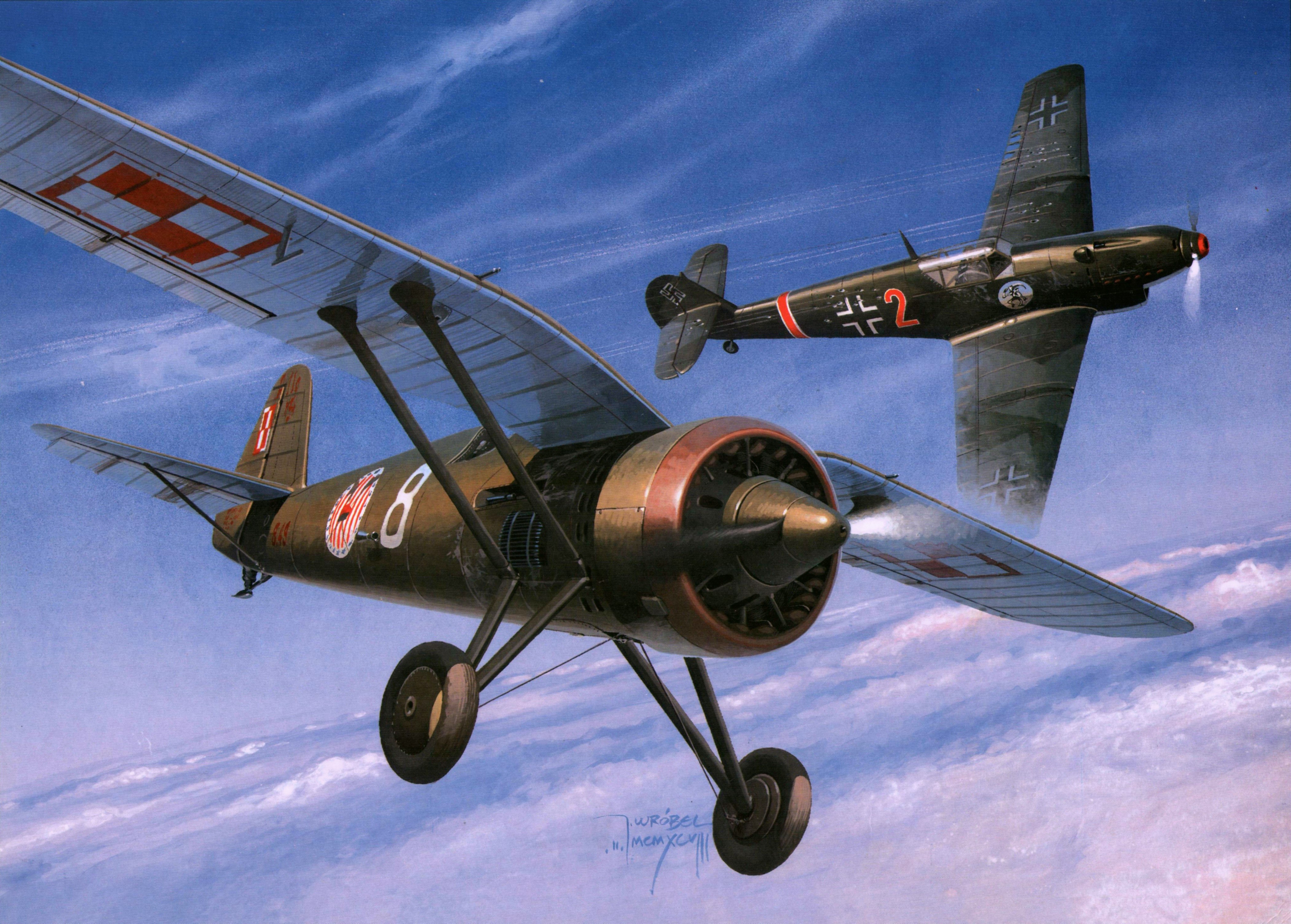 4K Painting of Pzl P-11c and Me 109d-1 Airplanes HD Wallpaper