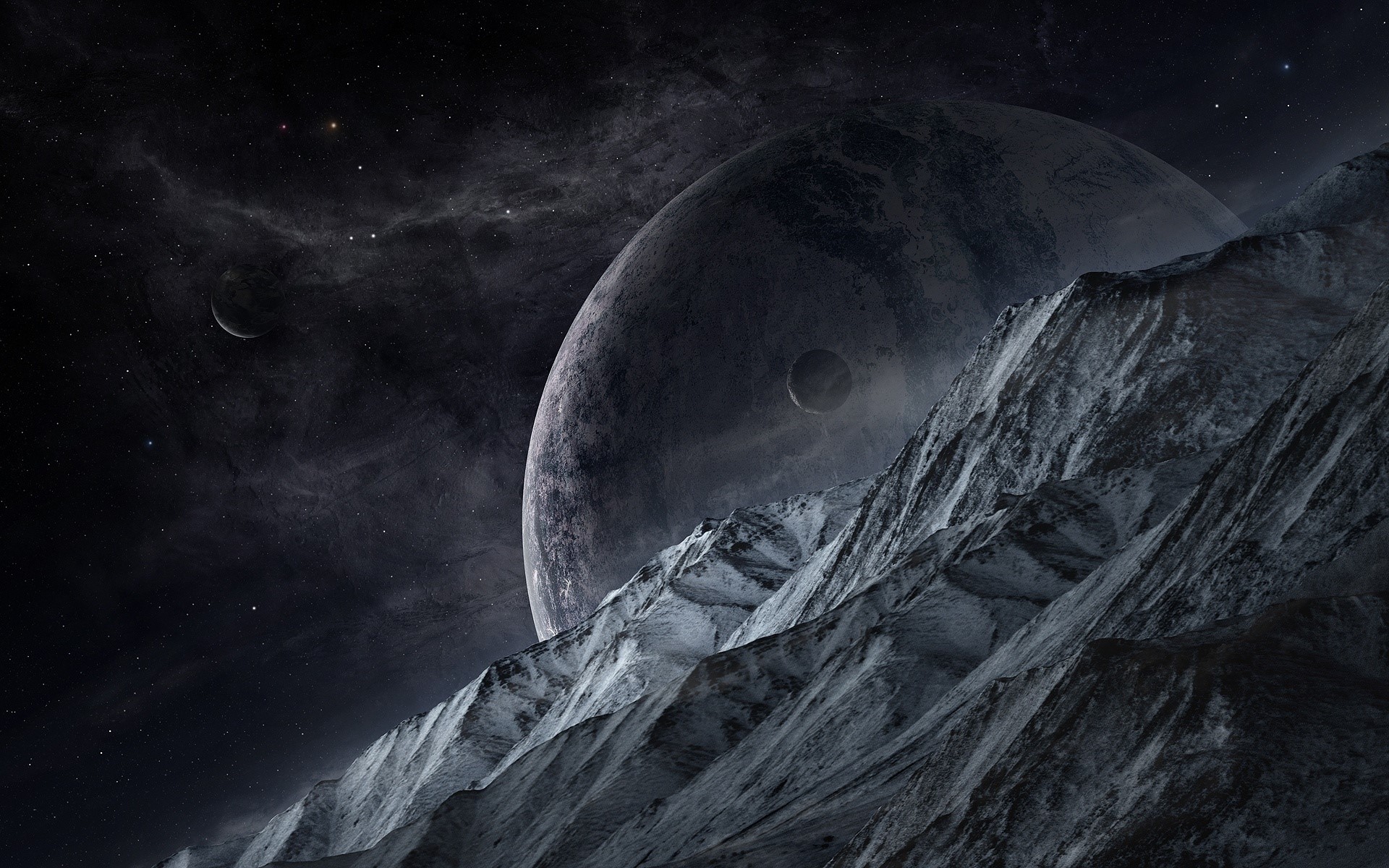 Rocky planet surface with large planet and moons in space HD Wallpaper