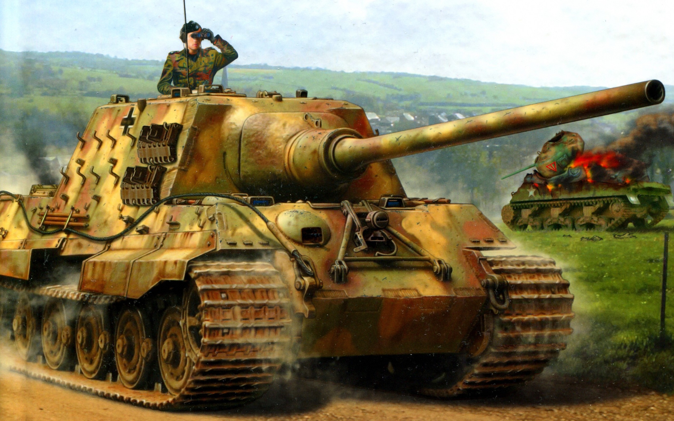 Painting of German tank and burning American tank HD Wallpaper