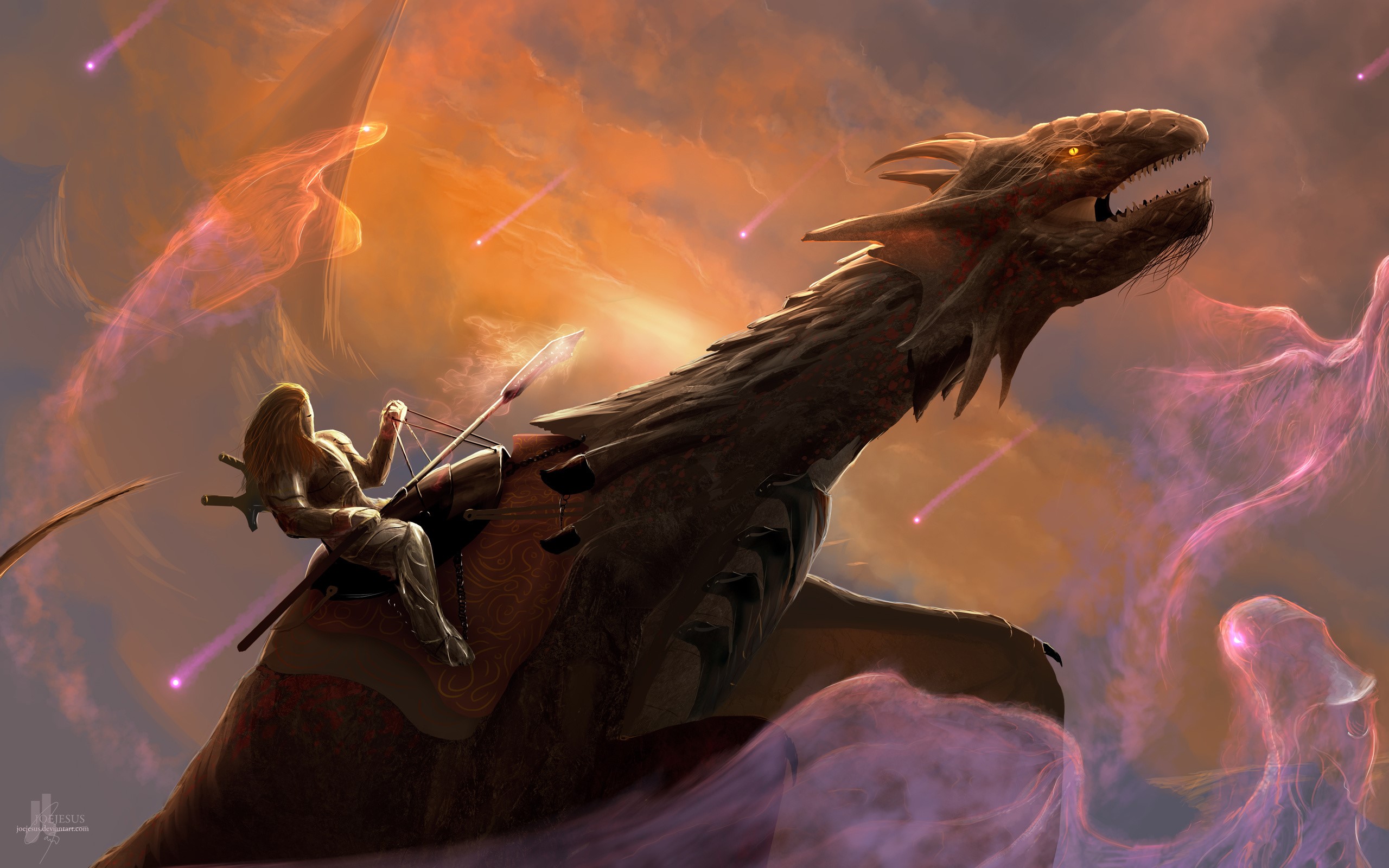 Dragon rider with spear in sky with meteors HD Wallpaper