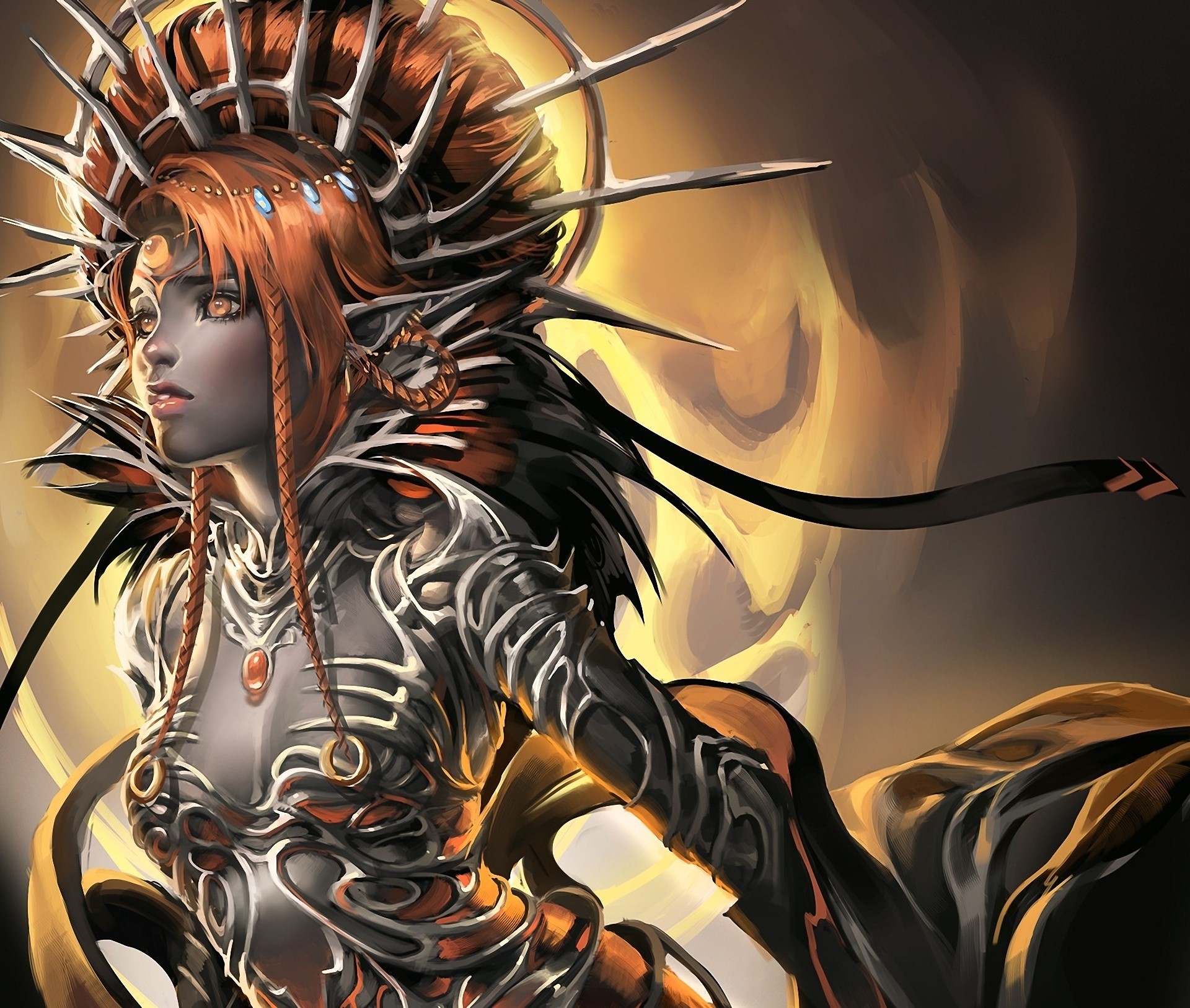Woman with elaborate headdress and armor HD Wallpaper