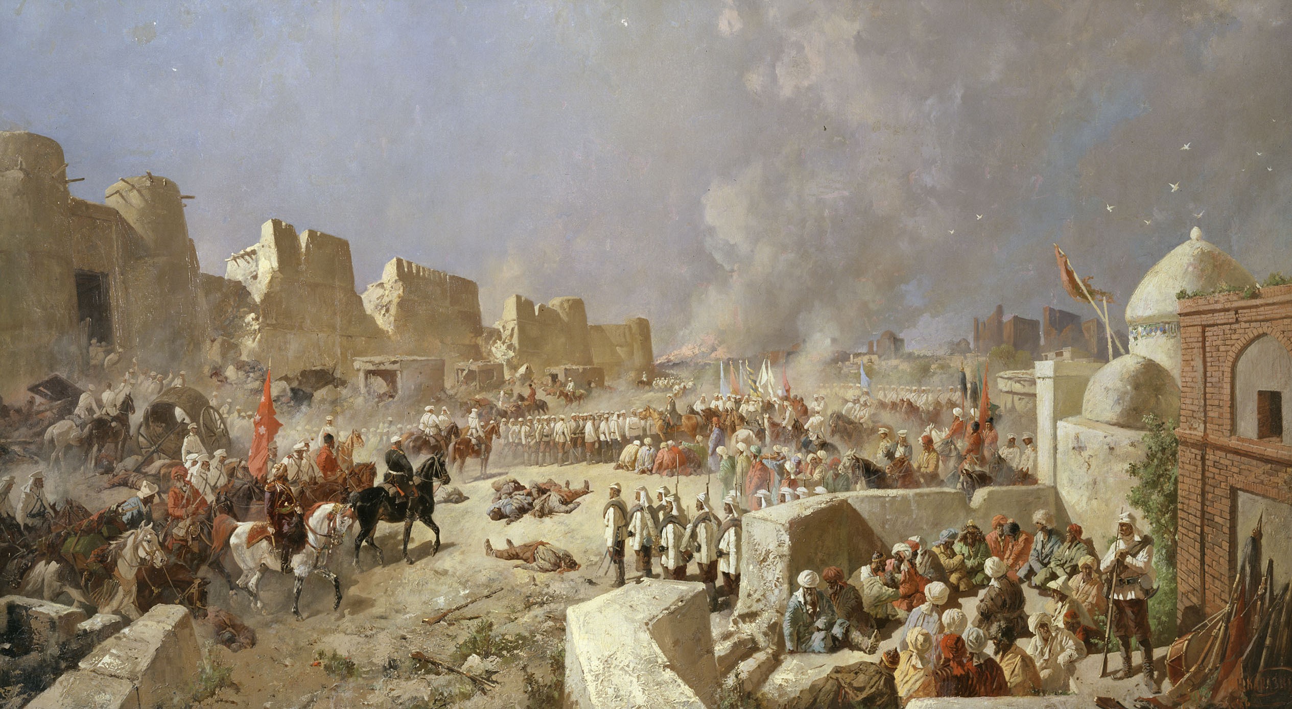 Battle scene with soldiers and civilians in a fortified city HD Wallpaper