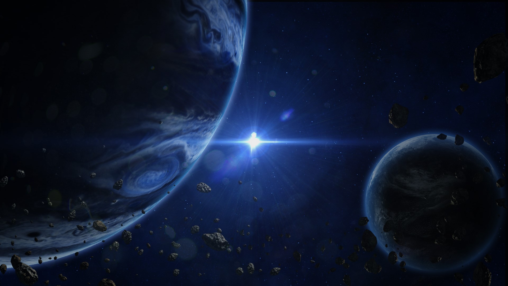 Planets and asteroids in space with a bright star HD Wallpaper