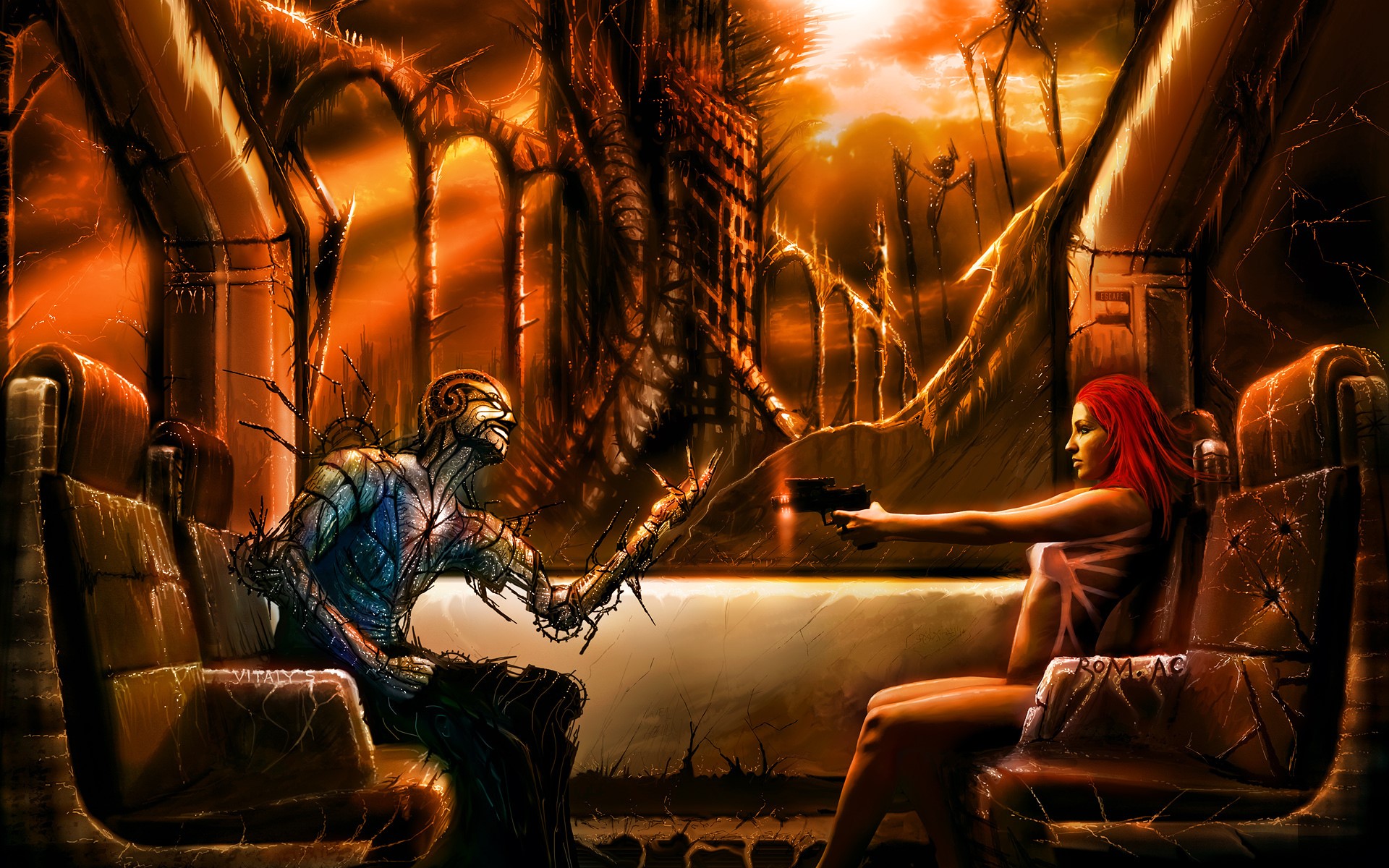 Mutant and woman with gun in ruined city HD Wallpaper