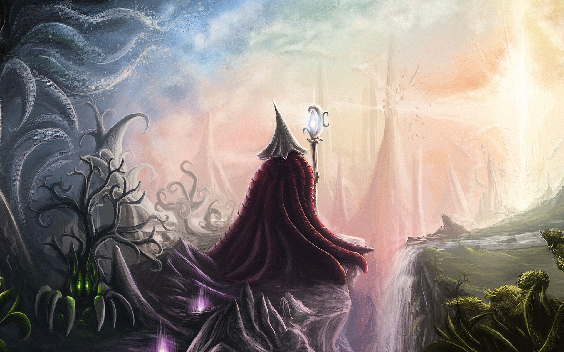 Fantasy world with a wizard and strange landscapes HD Wallpaper