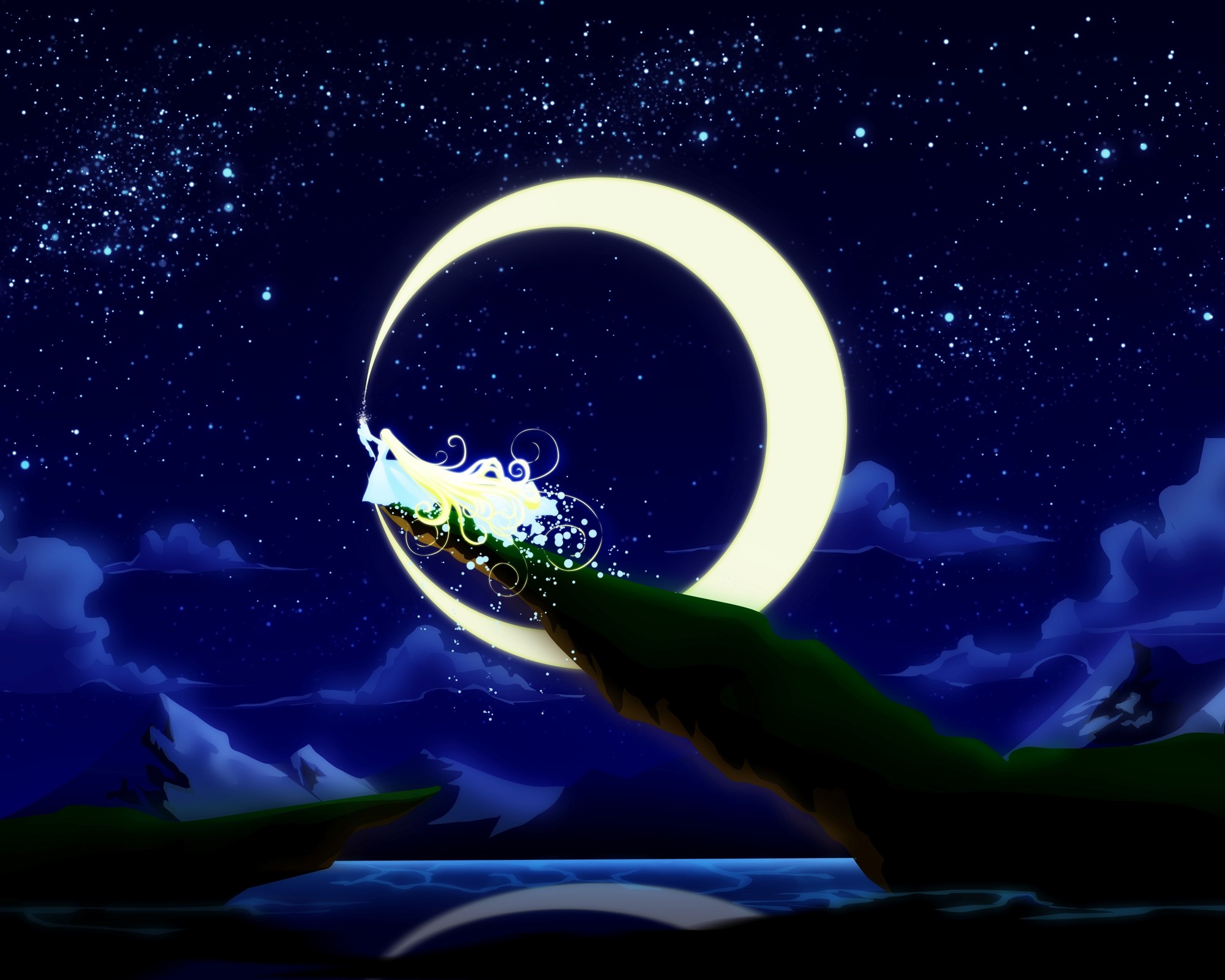 Girl on crescent moon in starry night sky HD Wallpaper