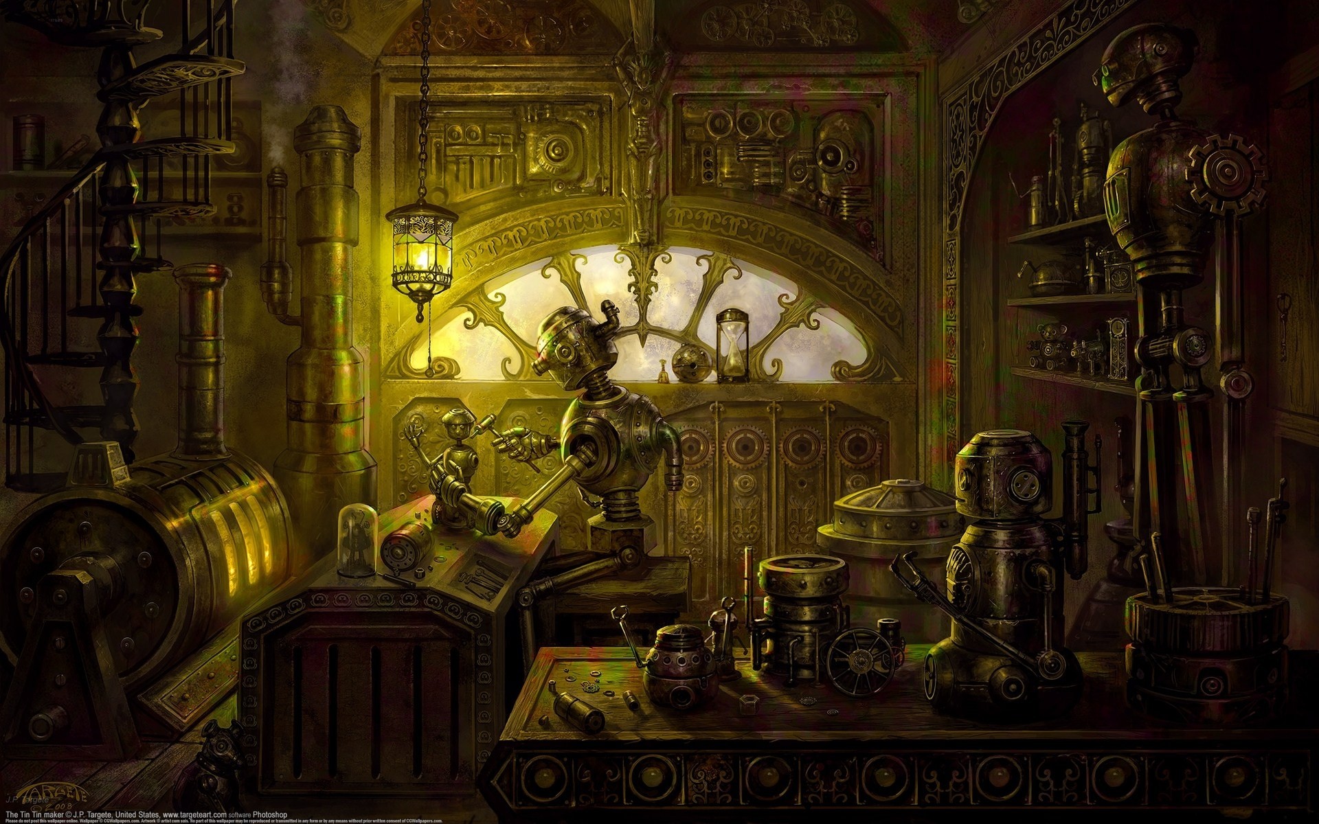 Steampunk workshop with robots and machinery HD Wallpaper