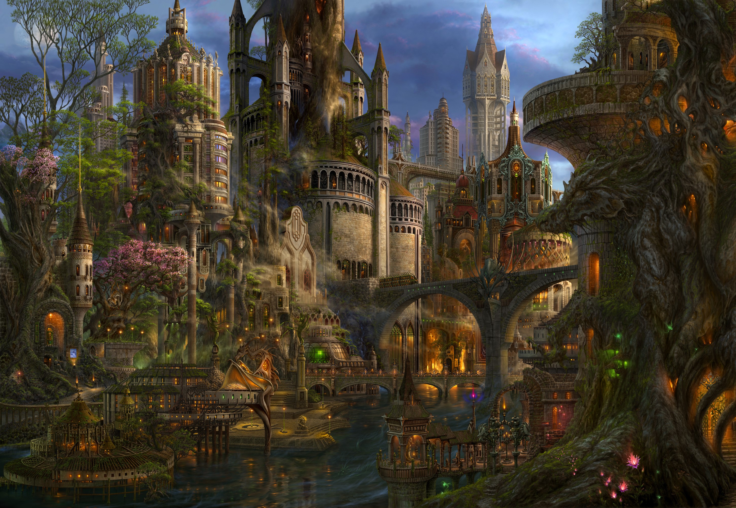 Fantasy city built into a cliffside with a river HD Wallpaper