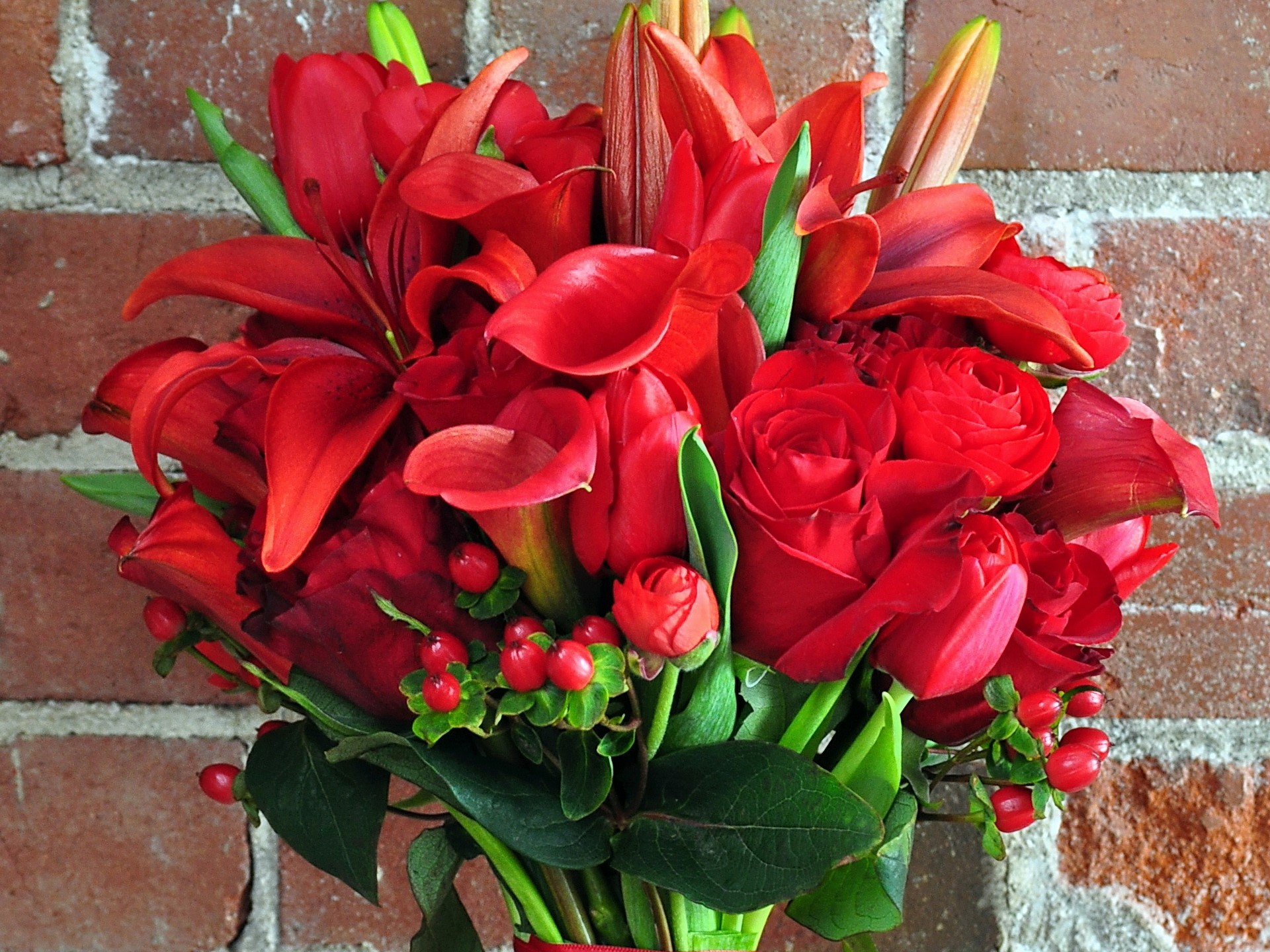 Red flower bouquet with brick background HD Wallpaper