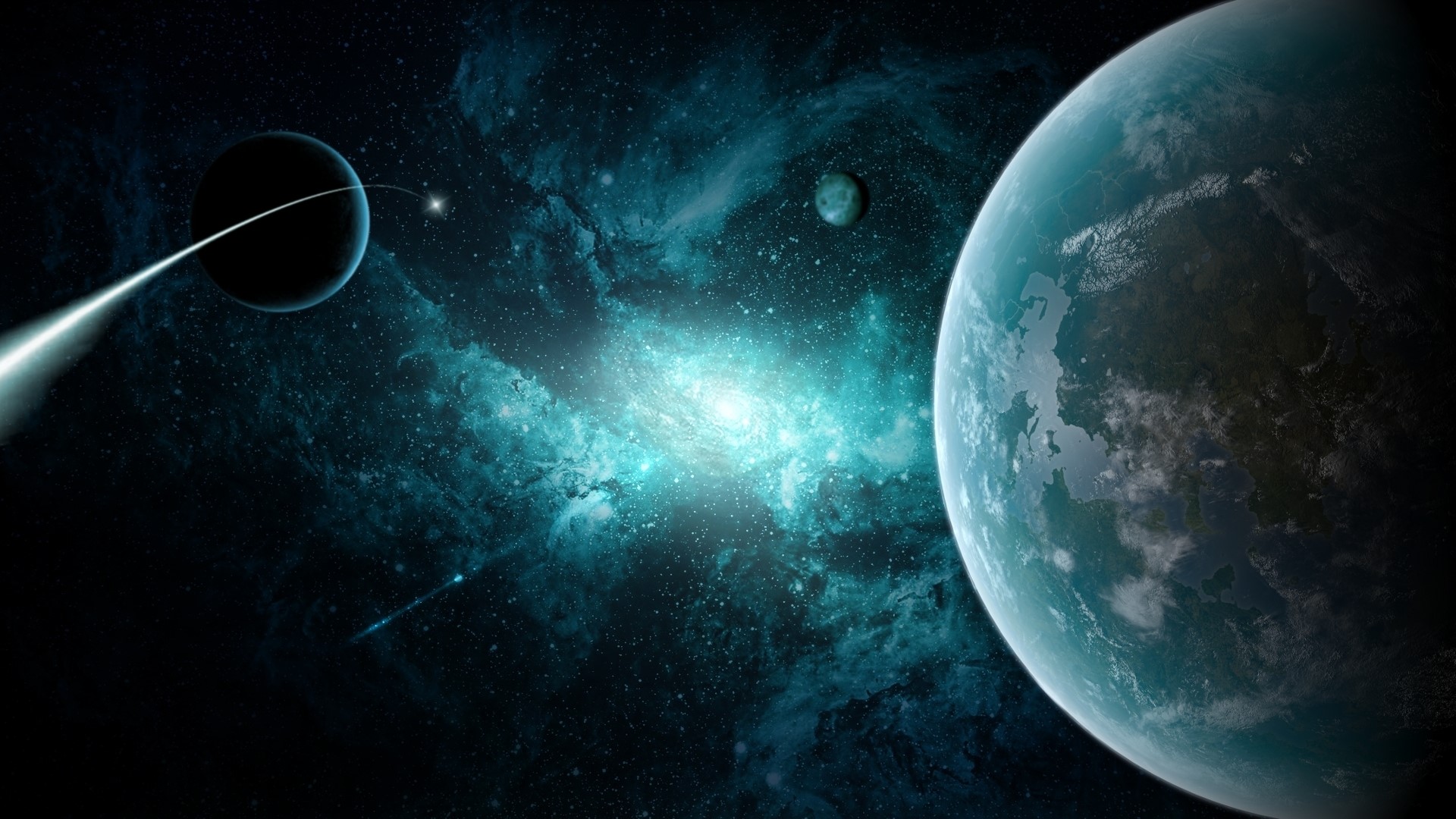Planets in a nebula with a distant galaxy HD Wallpaper