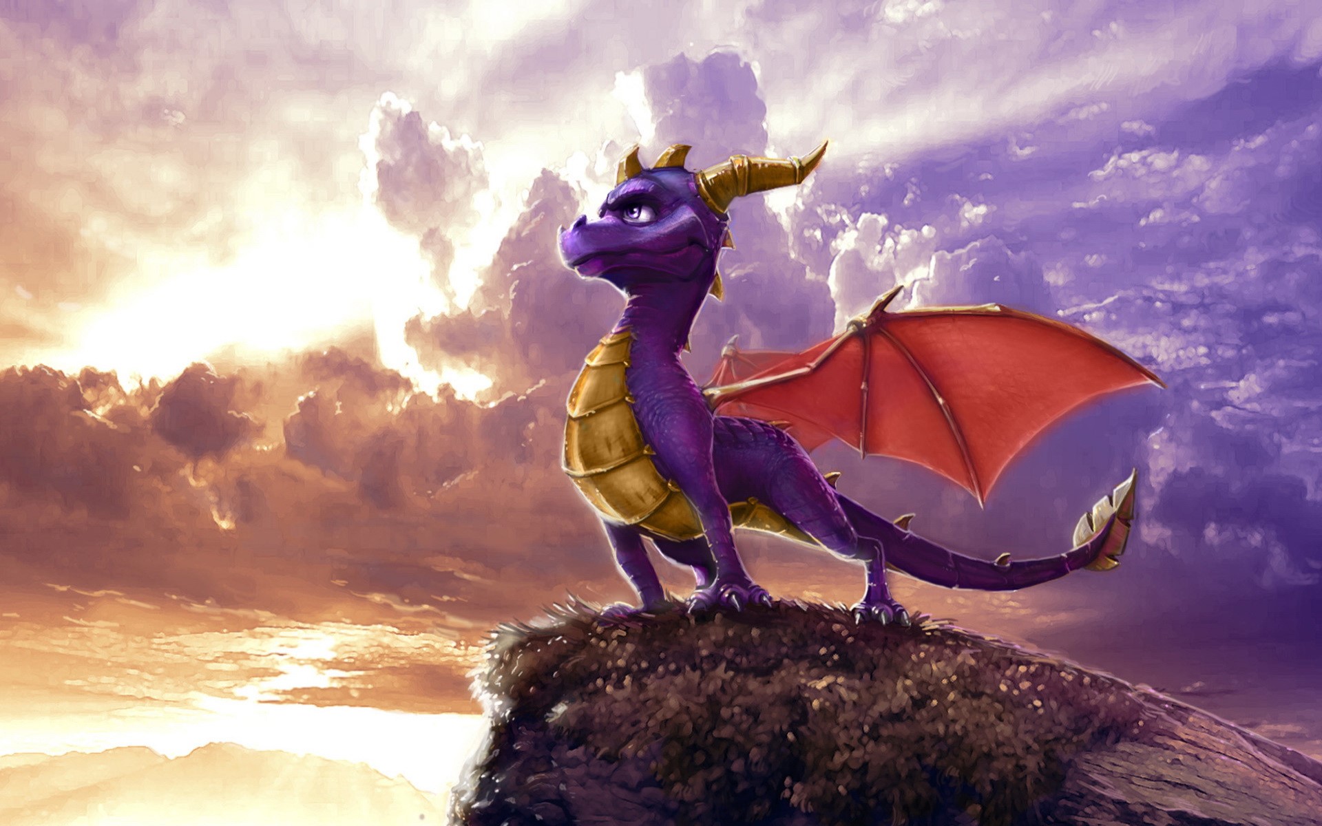 Spyro the Dragon on a cliff at sunset HD Wallpaper