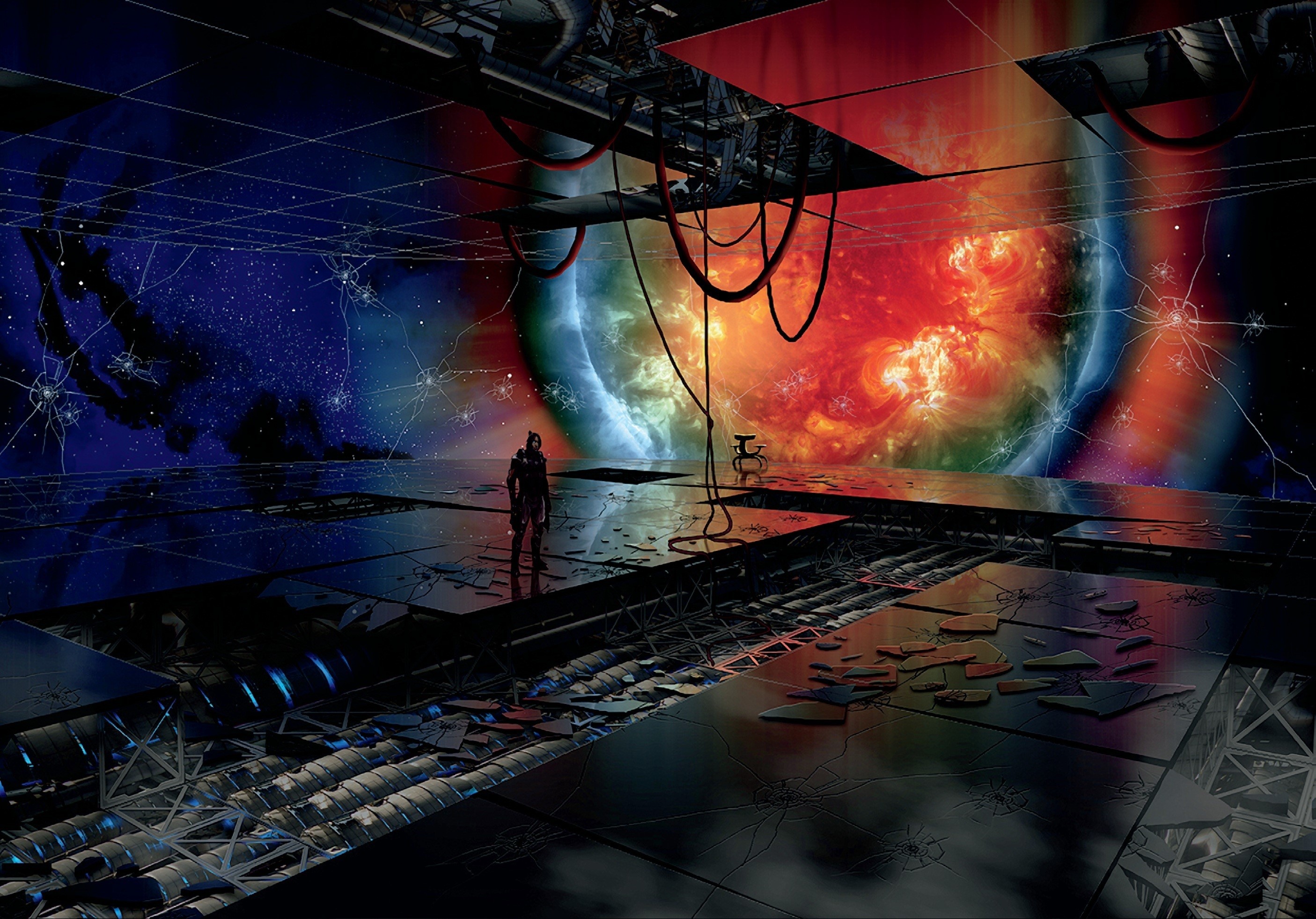 Astronaut on a platform overlooking a planet and nebula HD Wallpaper