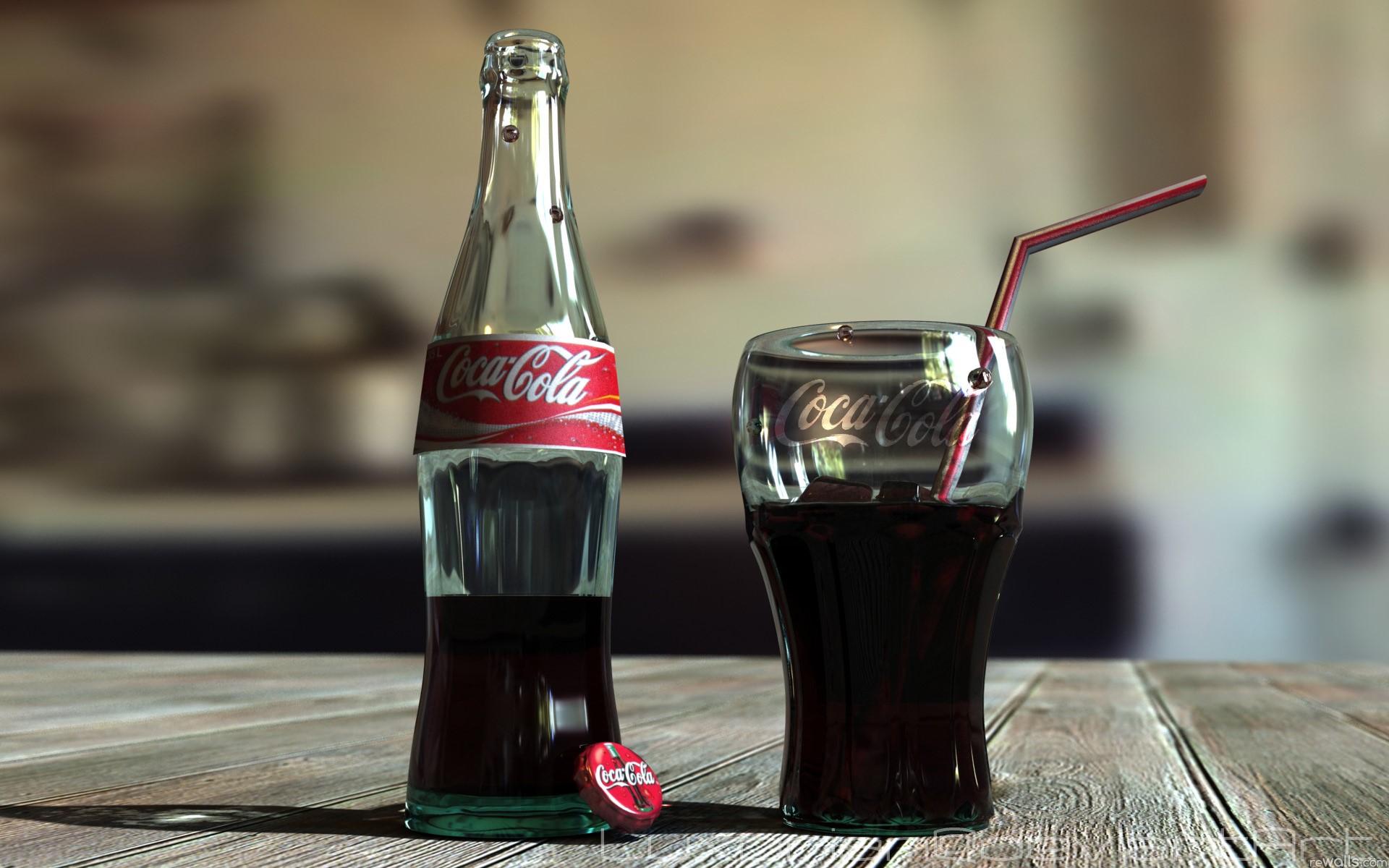 Coca-Cola bottle and glass with straw HD Wallpaper