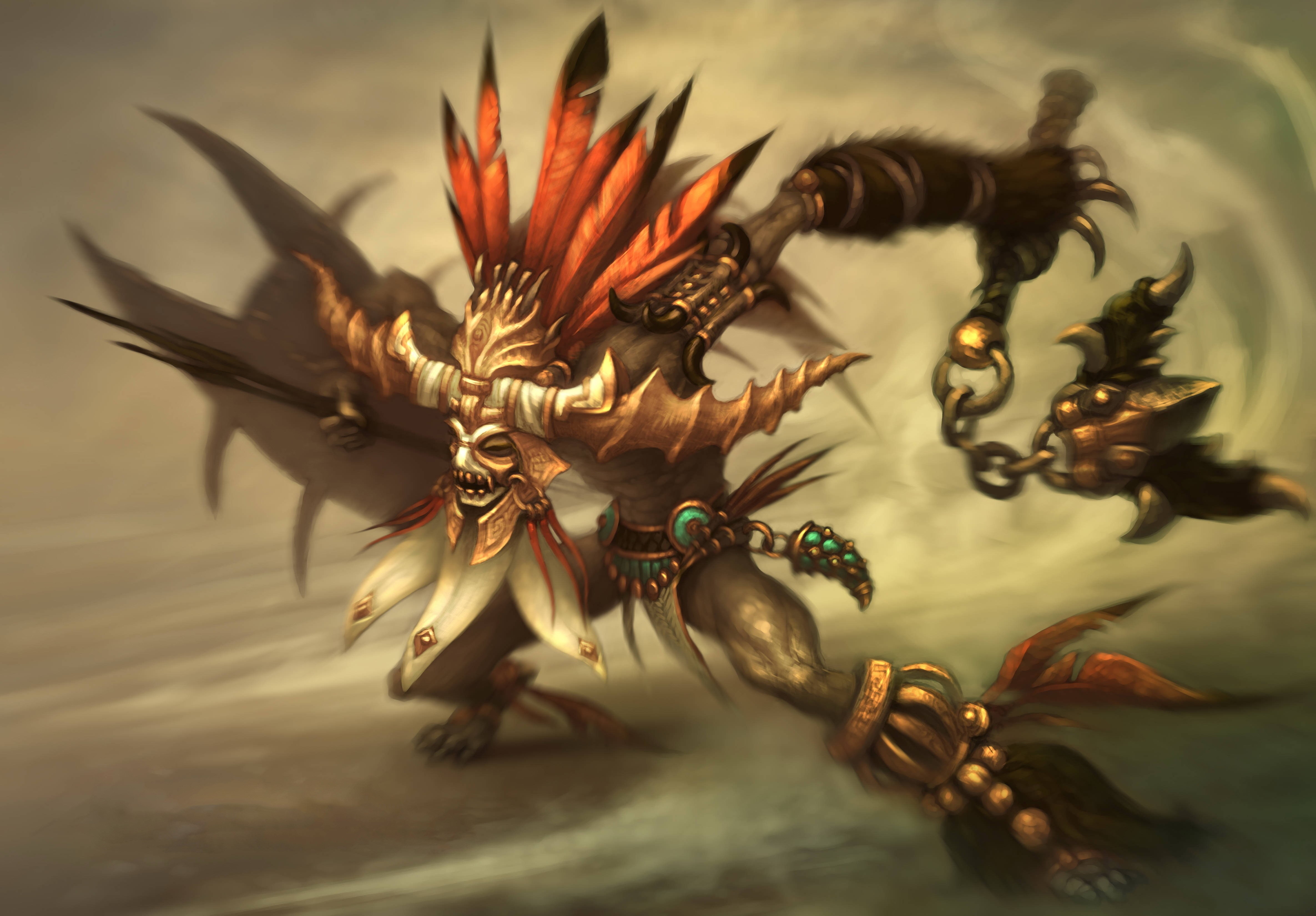 Diablo III character with mask and feathers HD Wallpaper