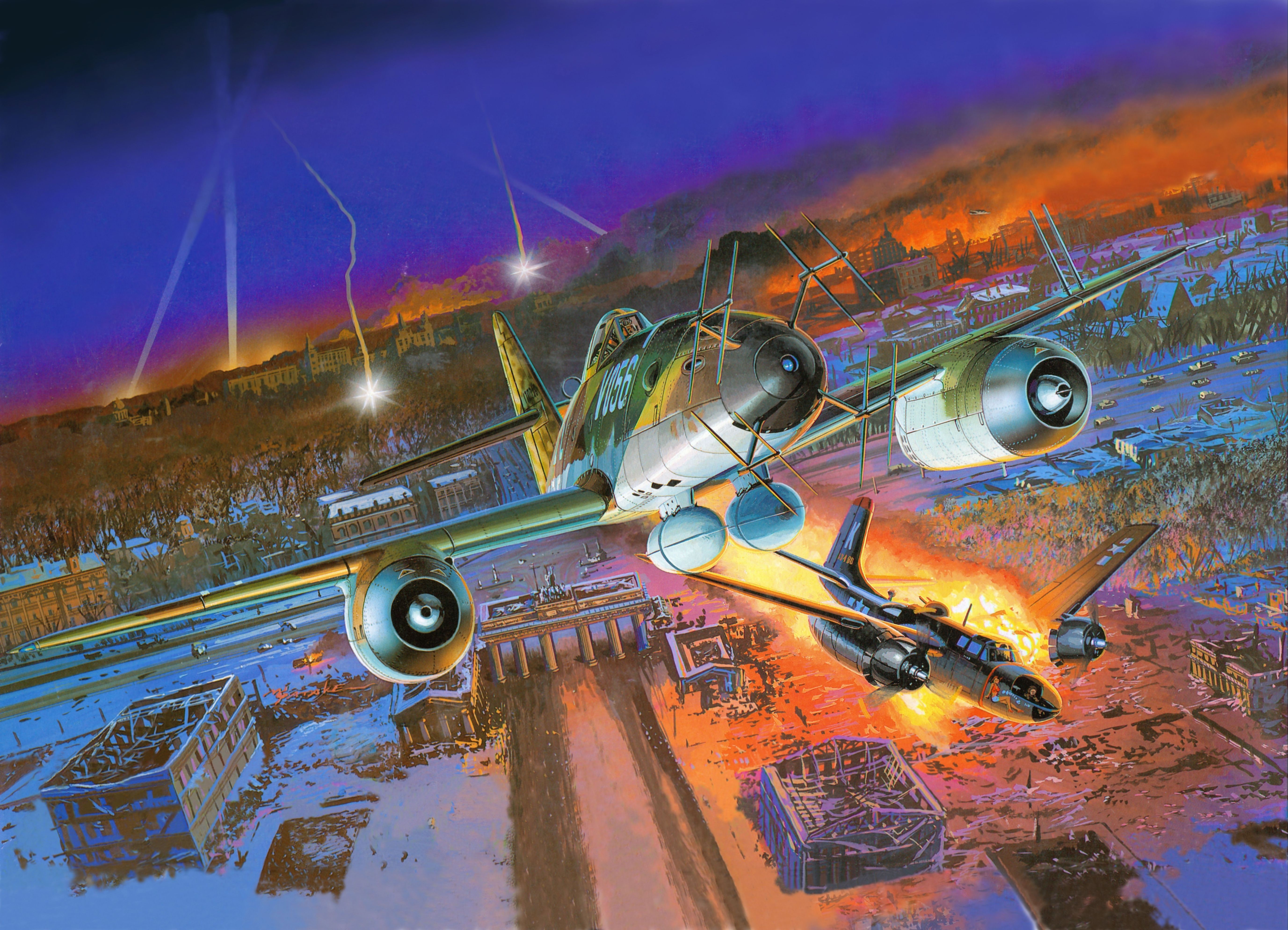 Me 262A-1a Airplane in Combat Over Burning City HD Wallpaper