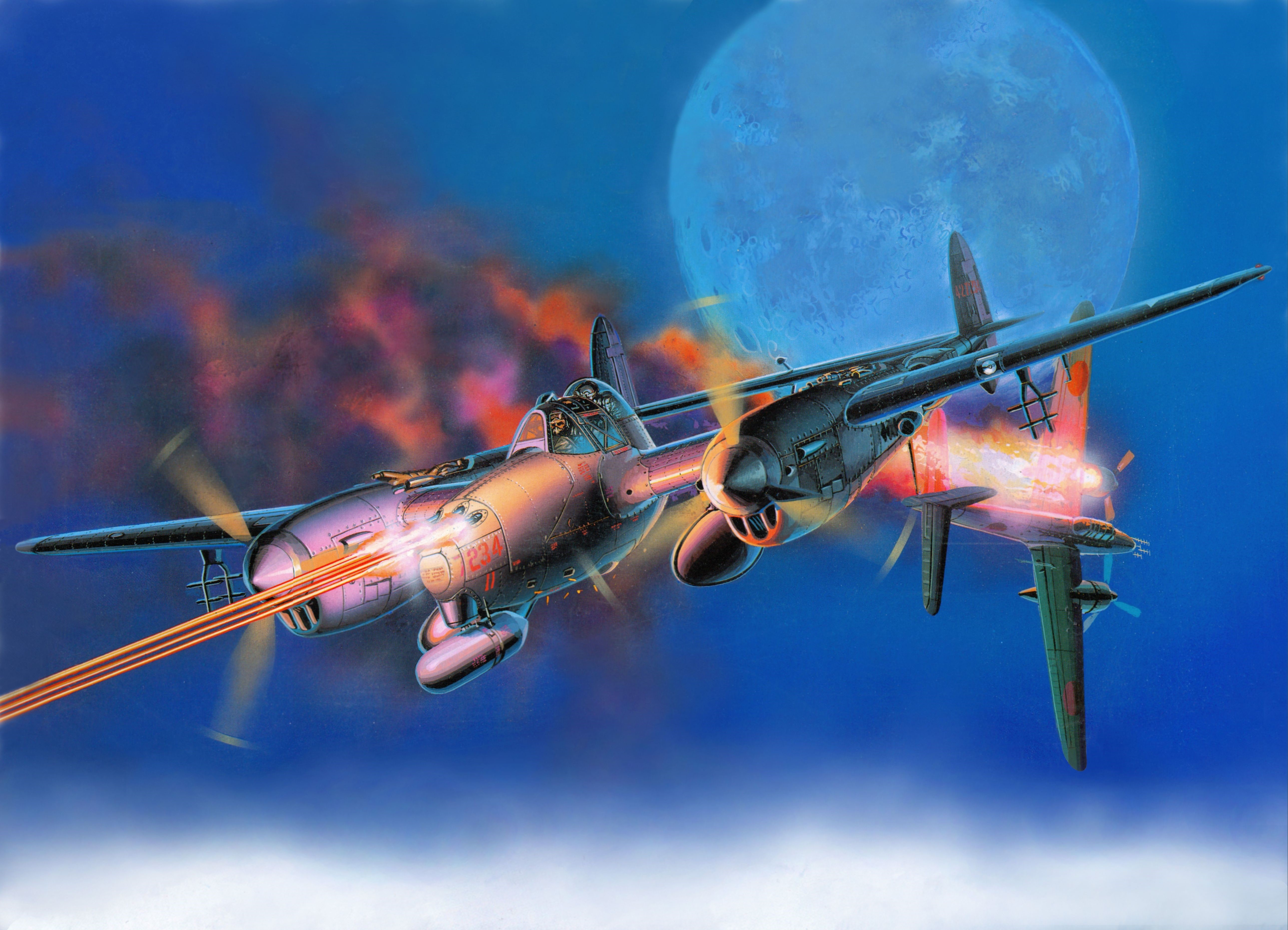 Painting of P-38M Lightning airplanes in combat HD Wallpaper