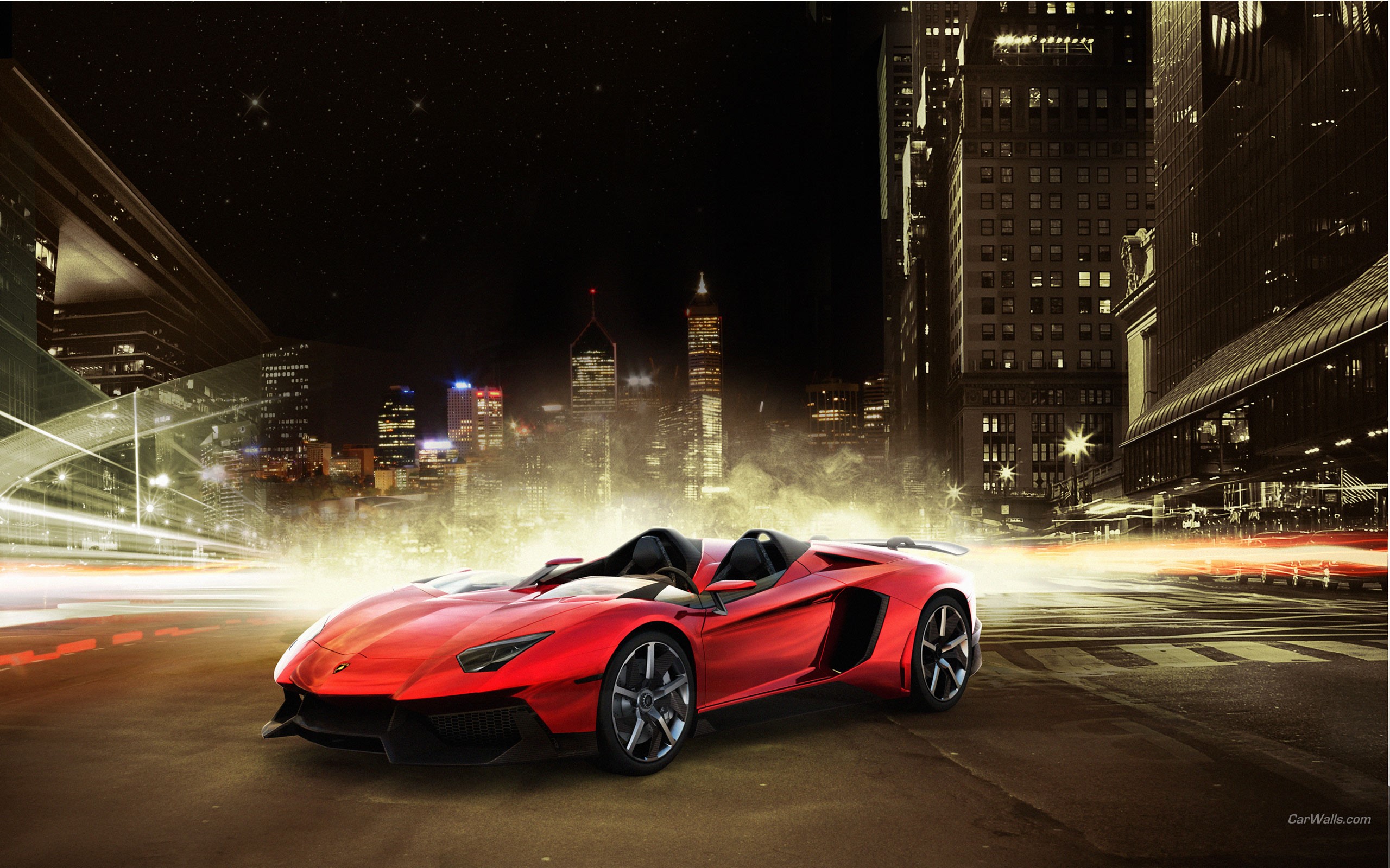 Red Lamborghini Aventador Roadster in a City at Night HD Wallpaper
