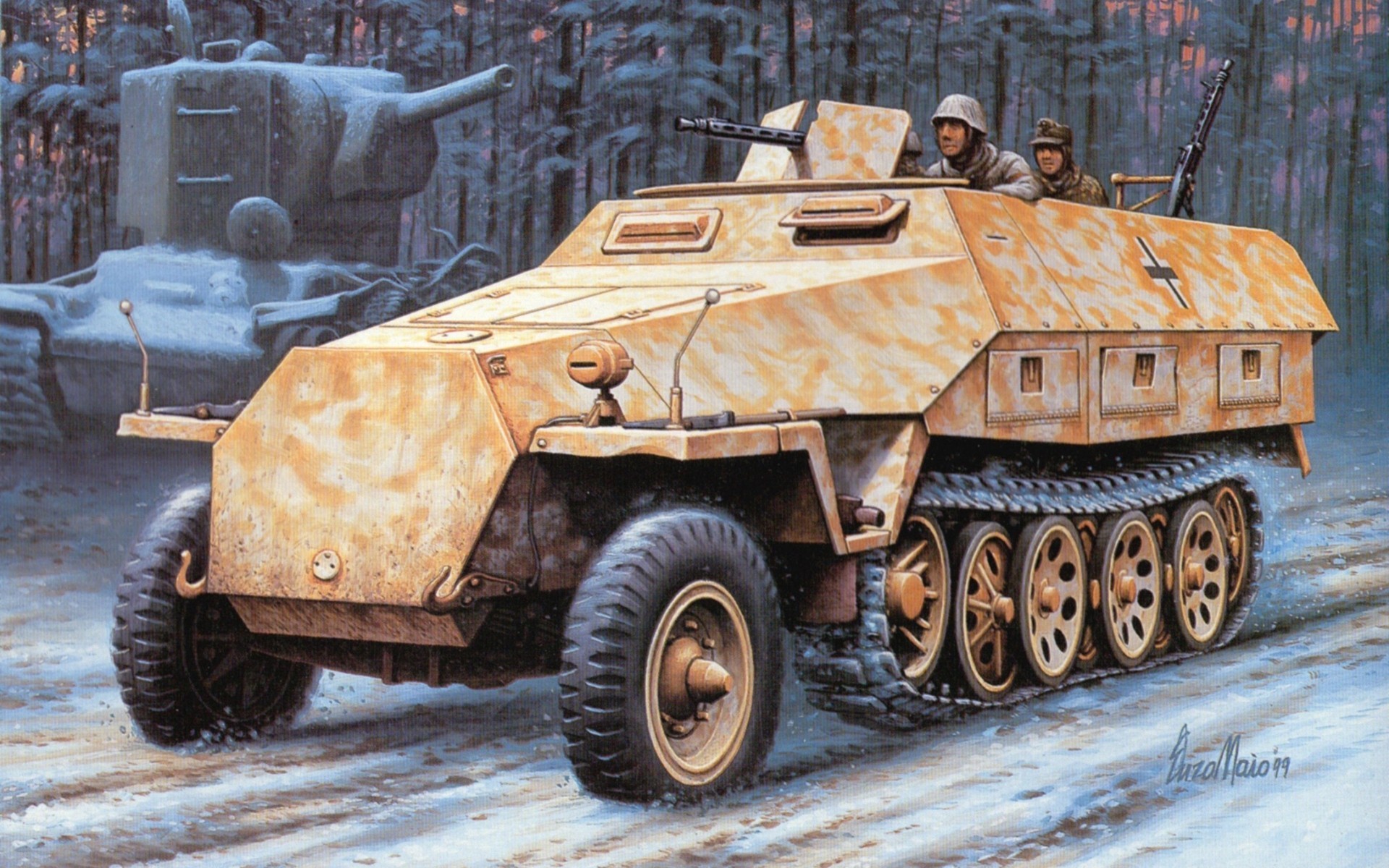 German Half-track and Tank in Winter Forest HD Wallpaper