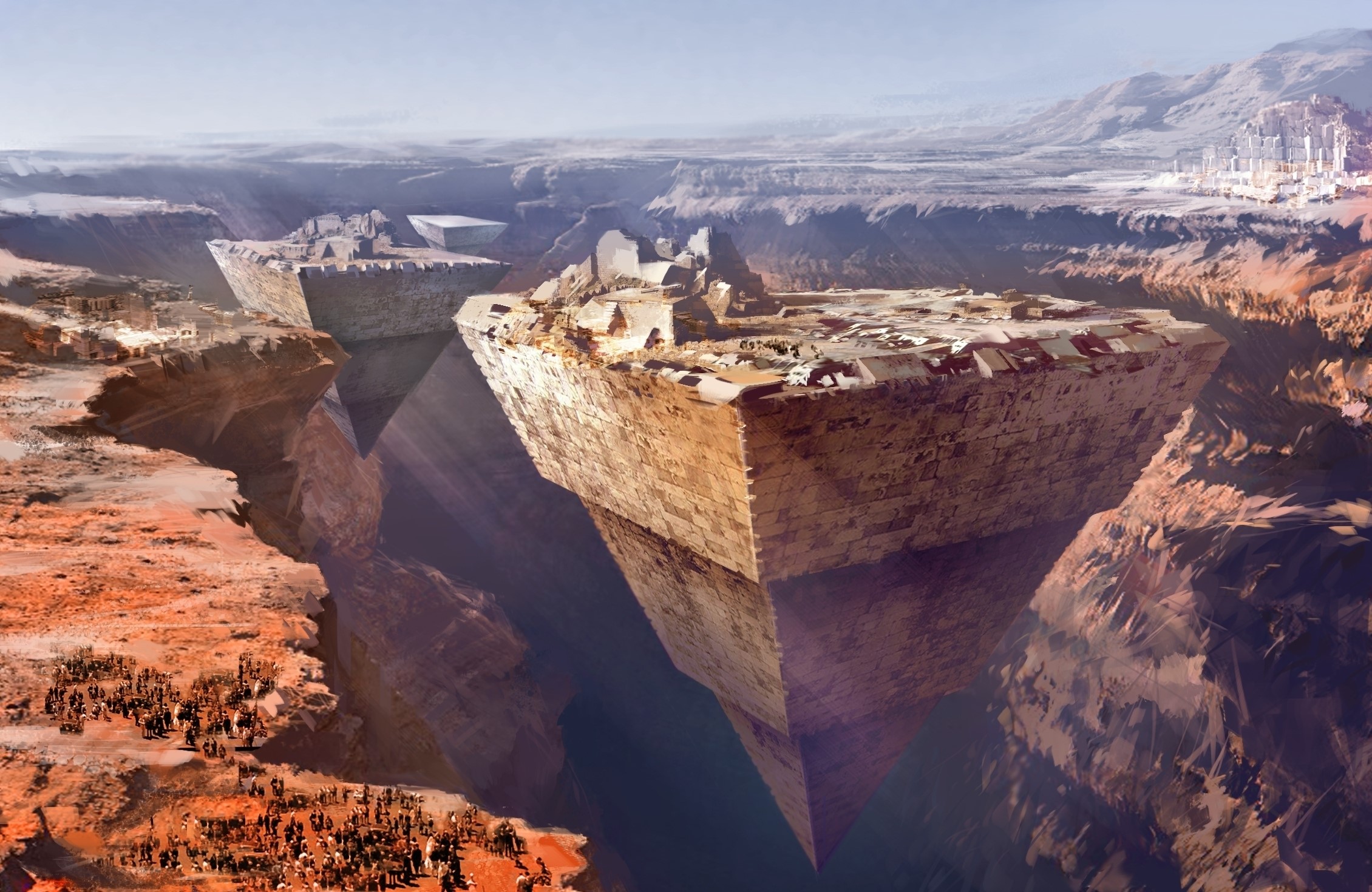 Floating structures in a canyon with a distant city HD Wallpaper