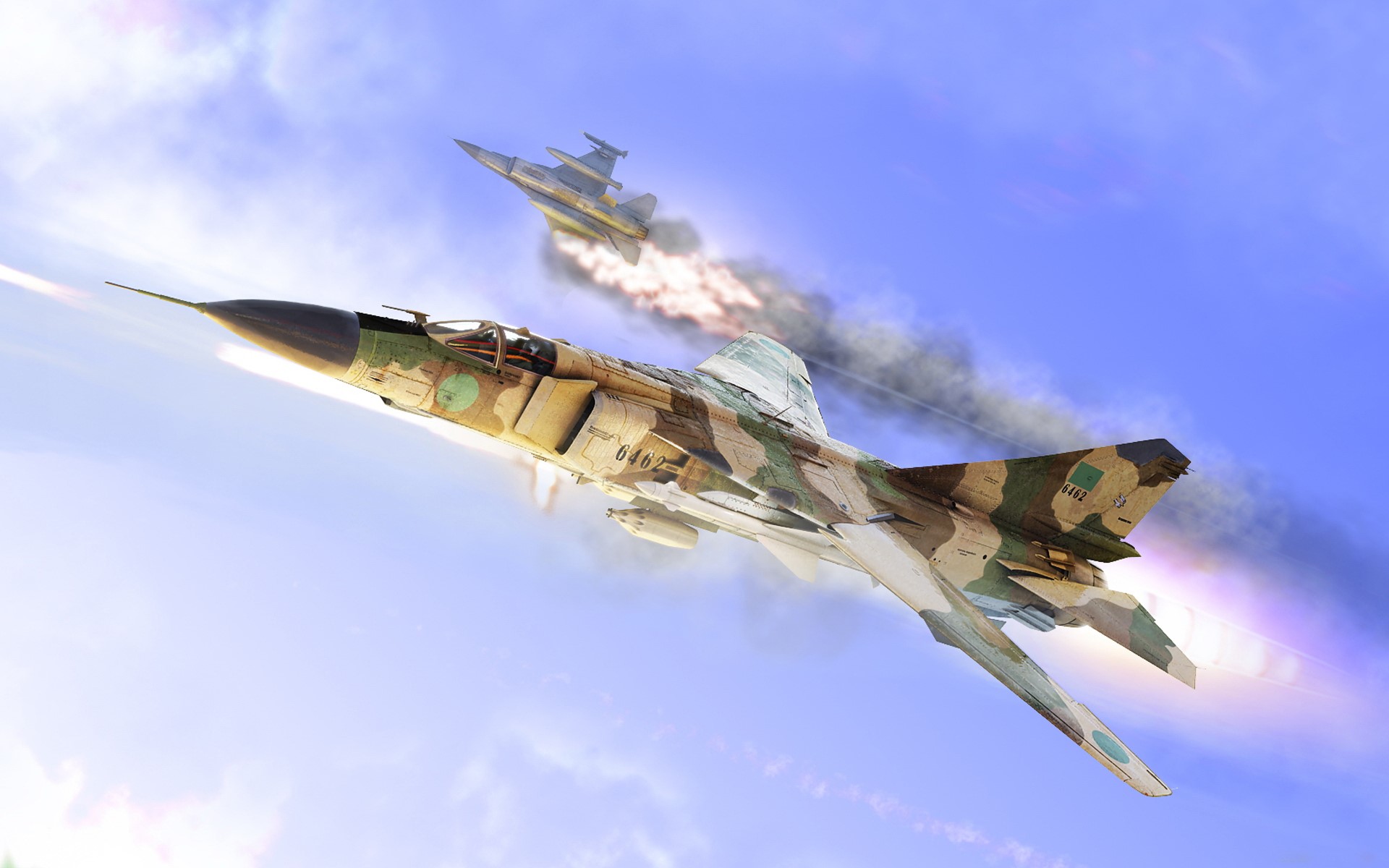 Two fighter jets in flight, one firing HD Wallpaper
