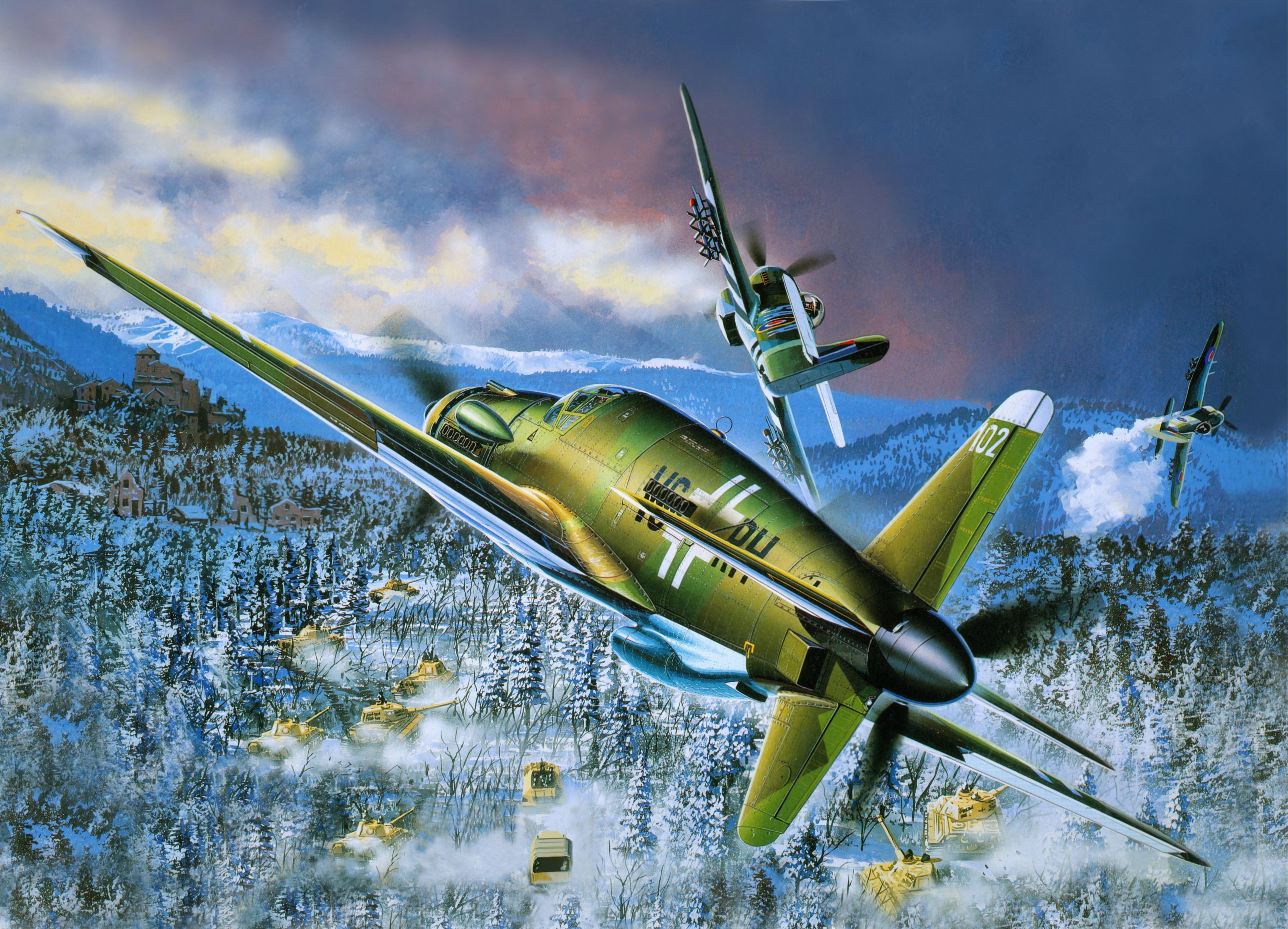Dornier Do 335 A airplanes attack tanks in winter HD Wallpaper